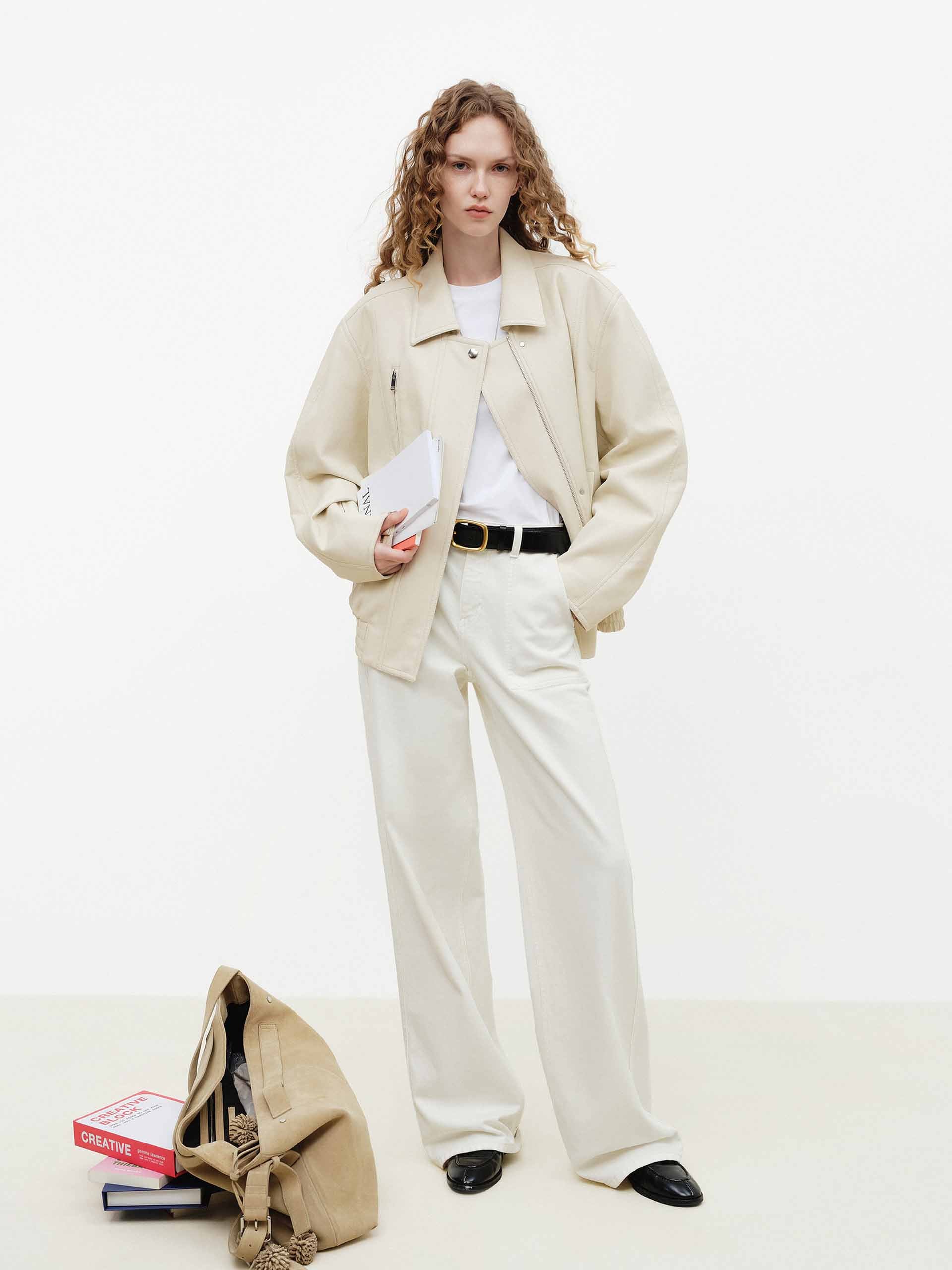 Beige Leather Bomber Jacket - Image 2