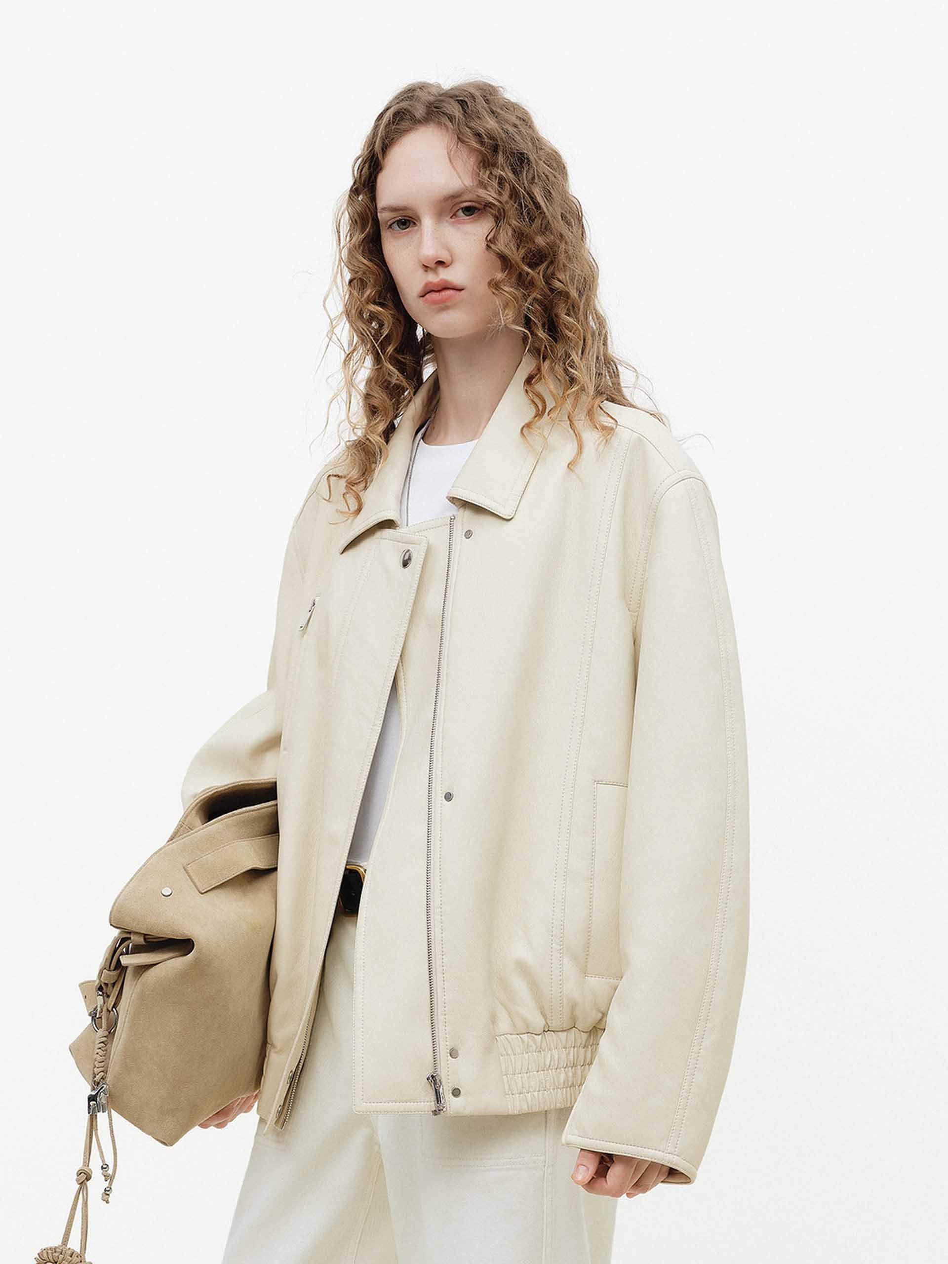 Beige Leather Bomber Jacket - Image 3