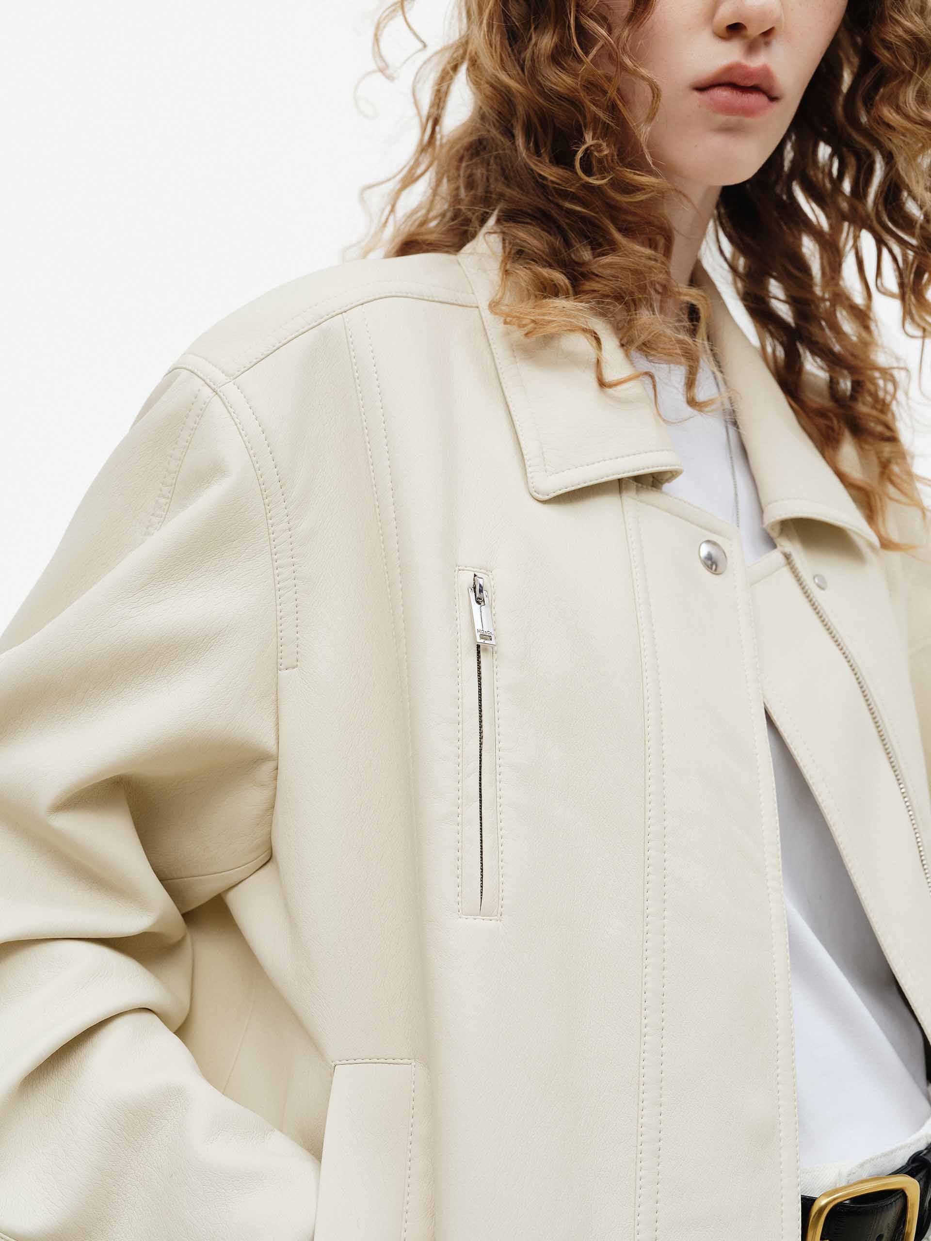 Beige Leather Bomber Jacket - Image 8
