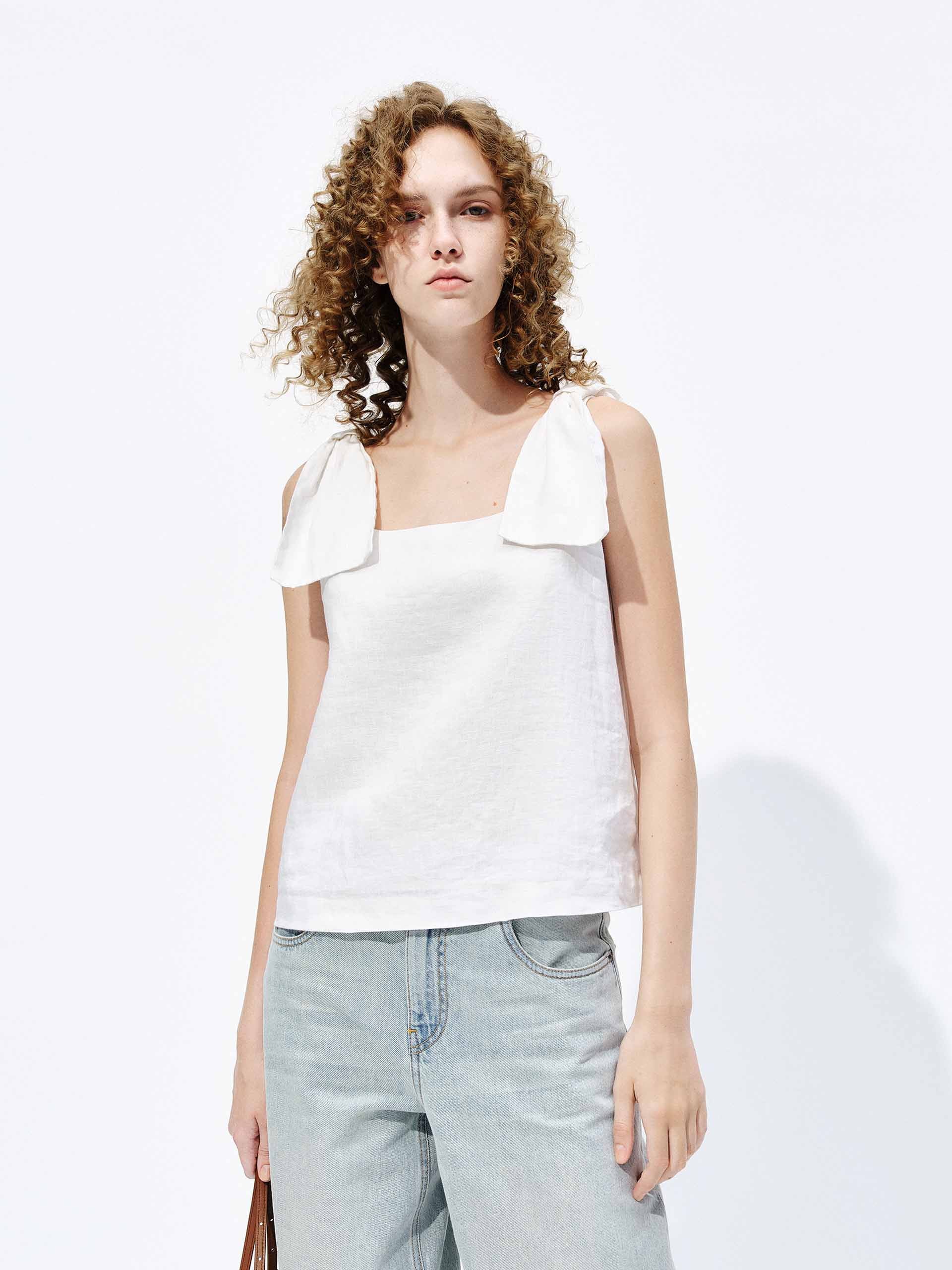 Bow Strap Linen Blouse - Image 7
