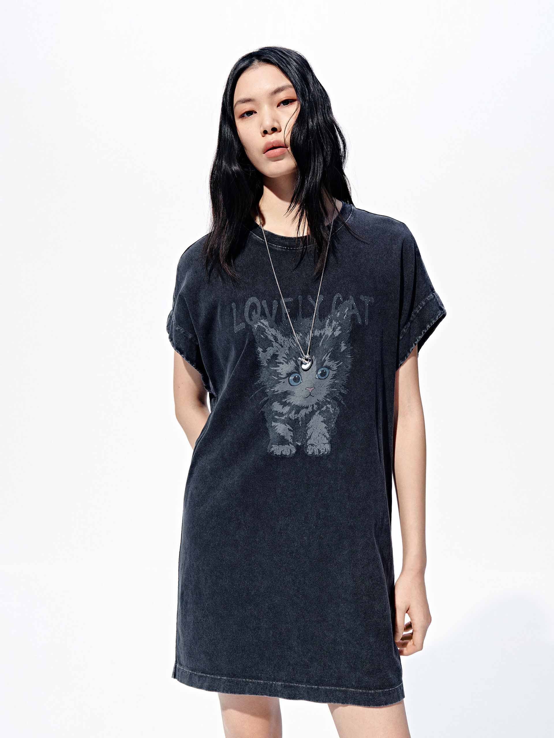 Cat Print Cotton Mini Dress