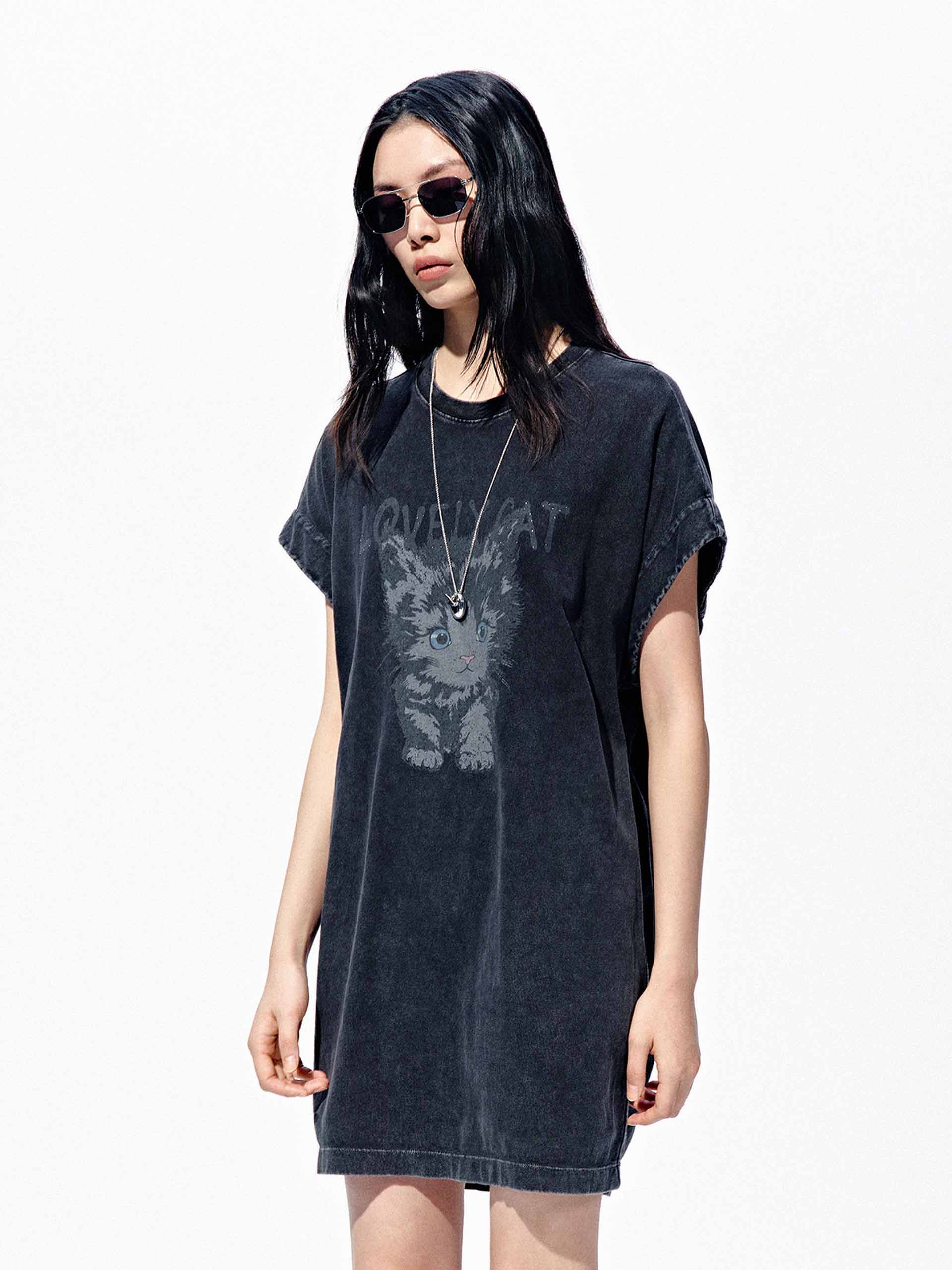 Cat Print Cotton Mini Dress - Image 7