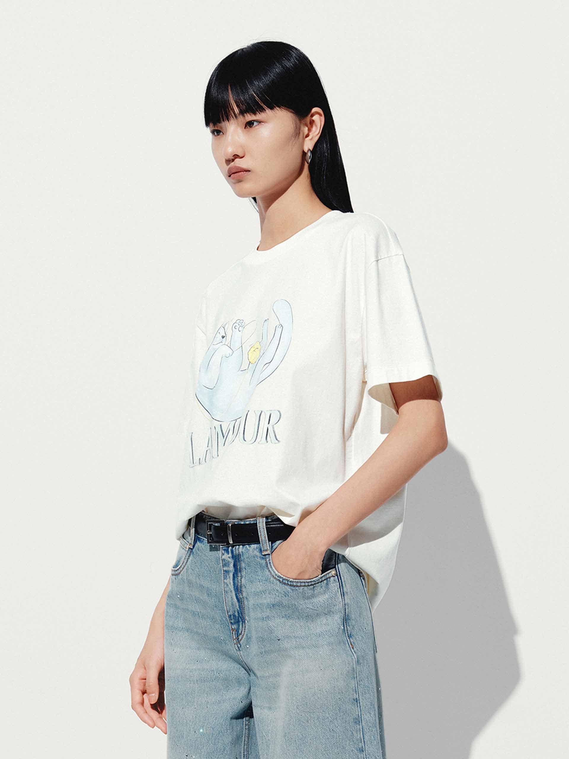 Cat Print Cotton T-shirt - Image 14