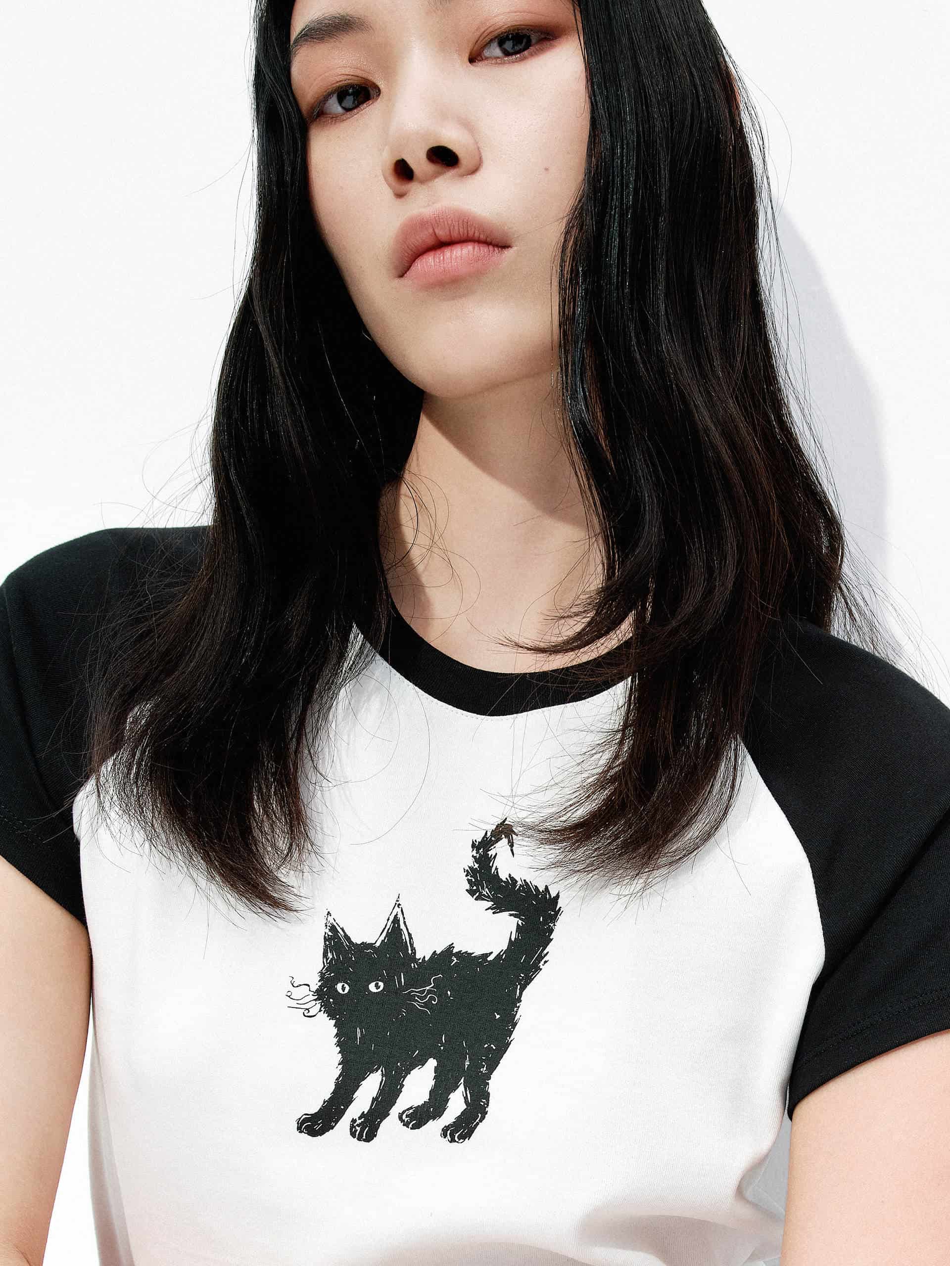 Cat Print Raglan Sleeve T-Shirt - Image 6