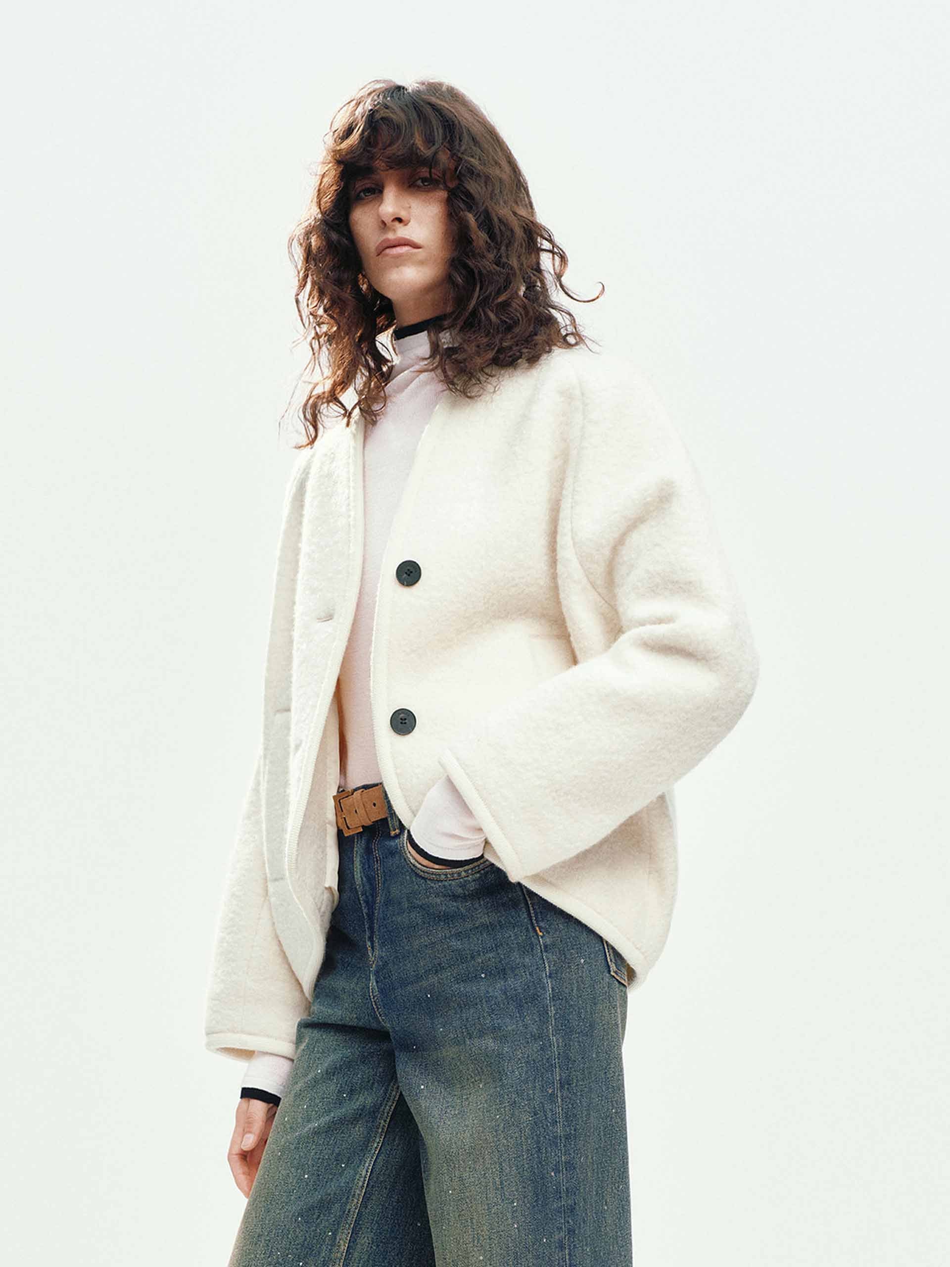 Collarless Merino Wool Coat - Image 3