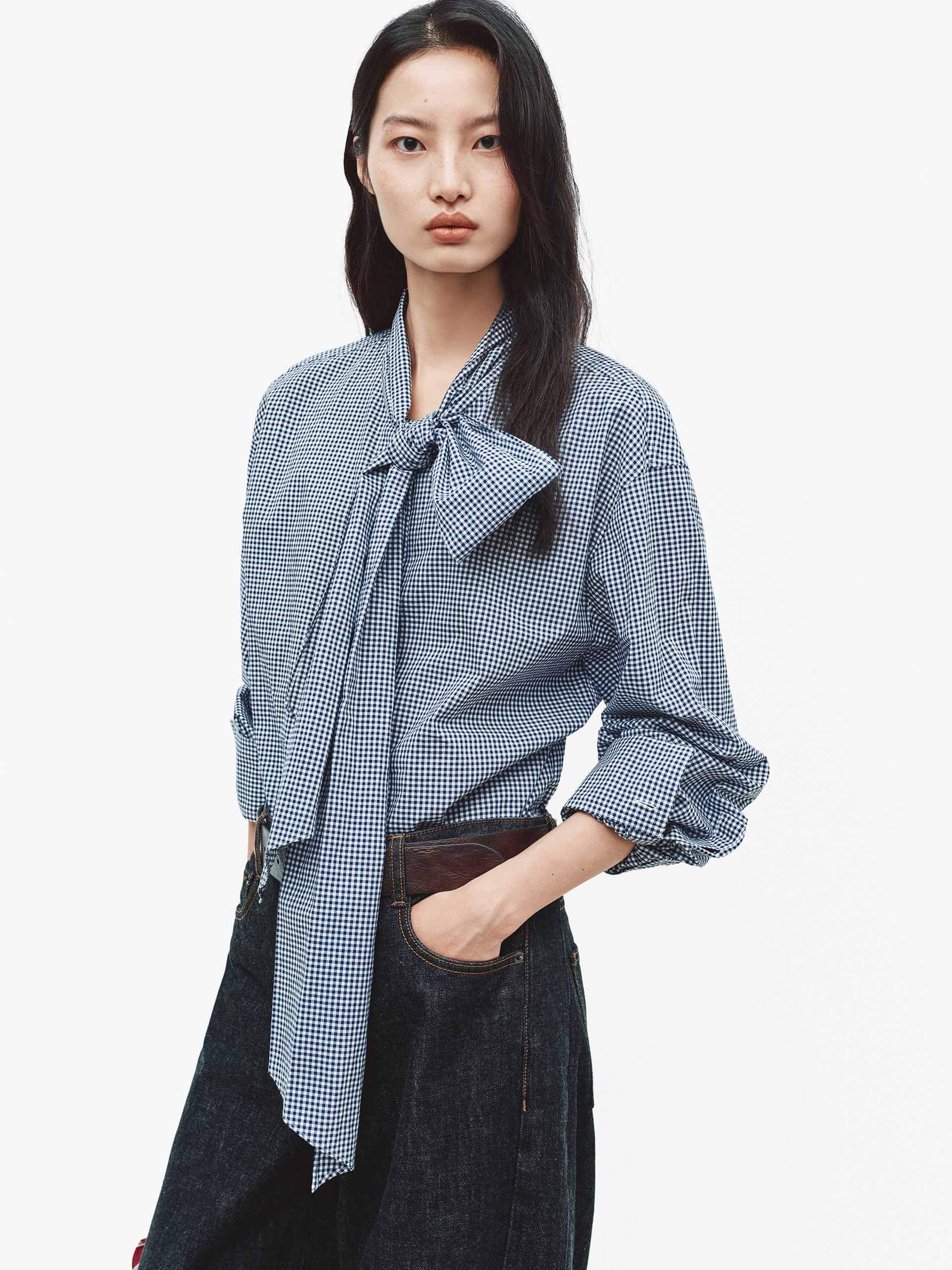 Cotton Tie Plaid Blouse - Image 3