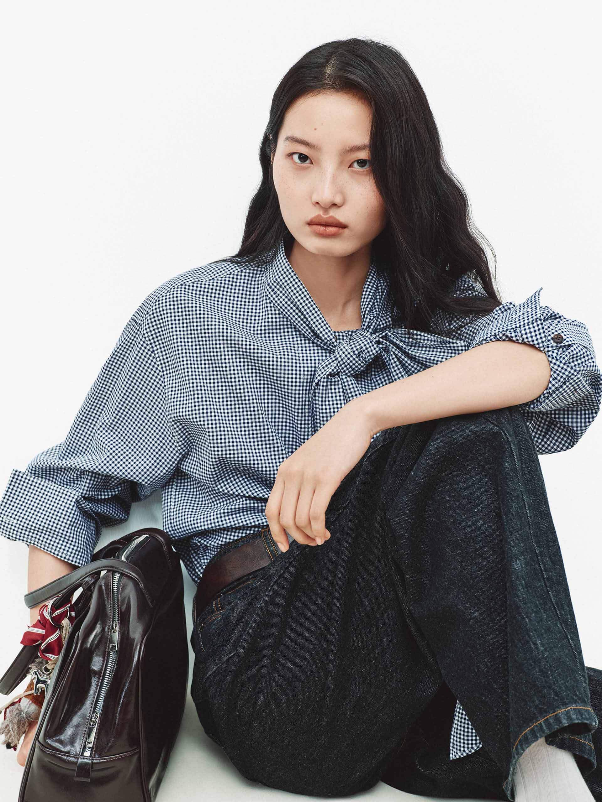 Cotton Tie Plaid Blouse - Image 7