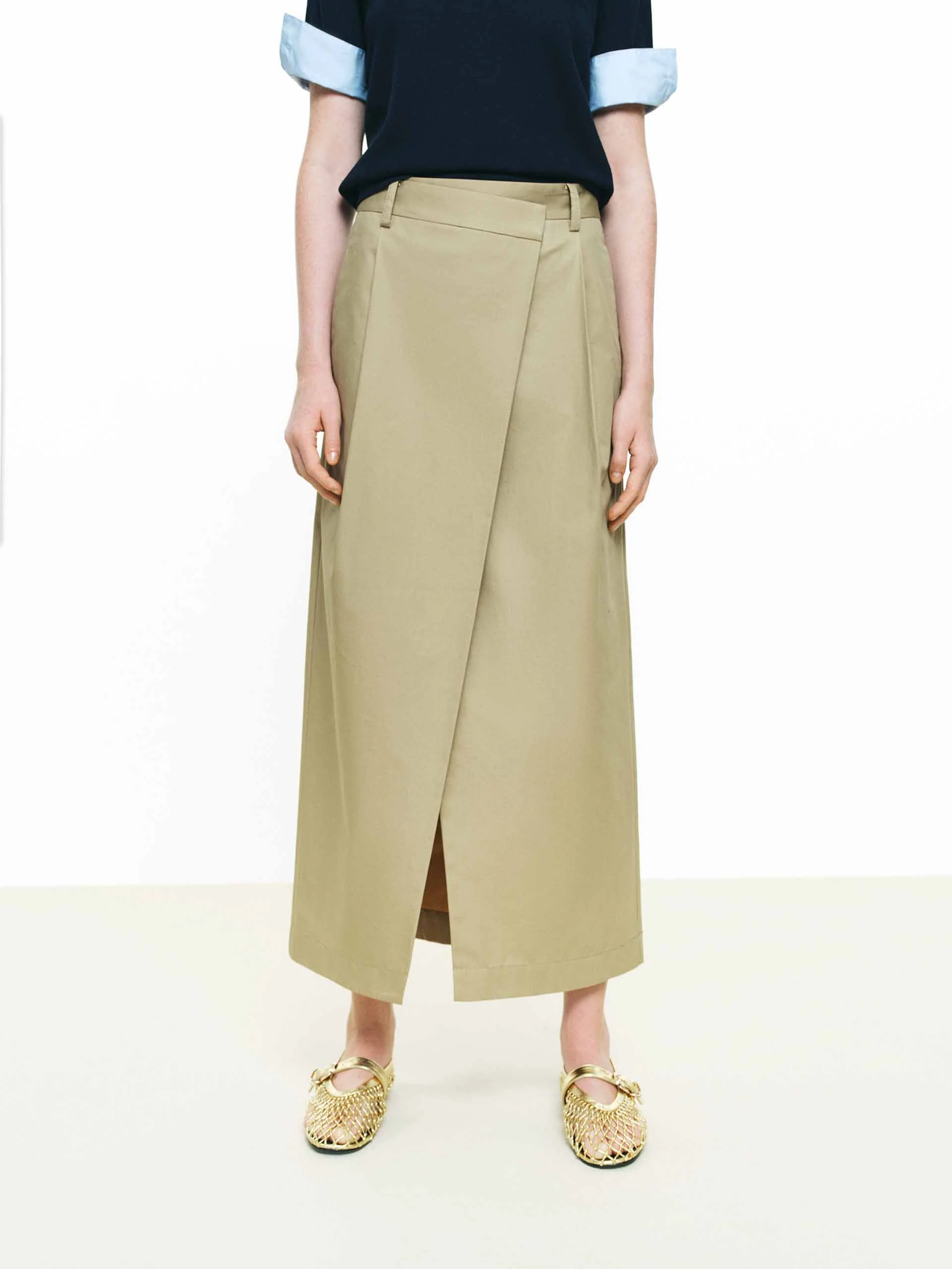 Cotton Wrap Midi Skirt