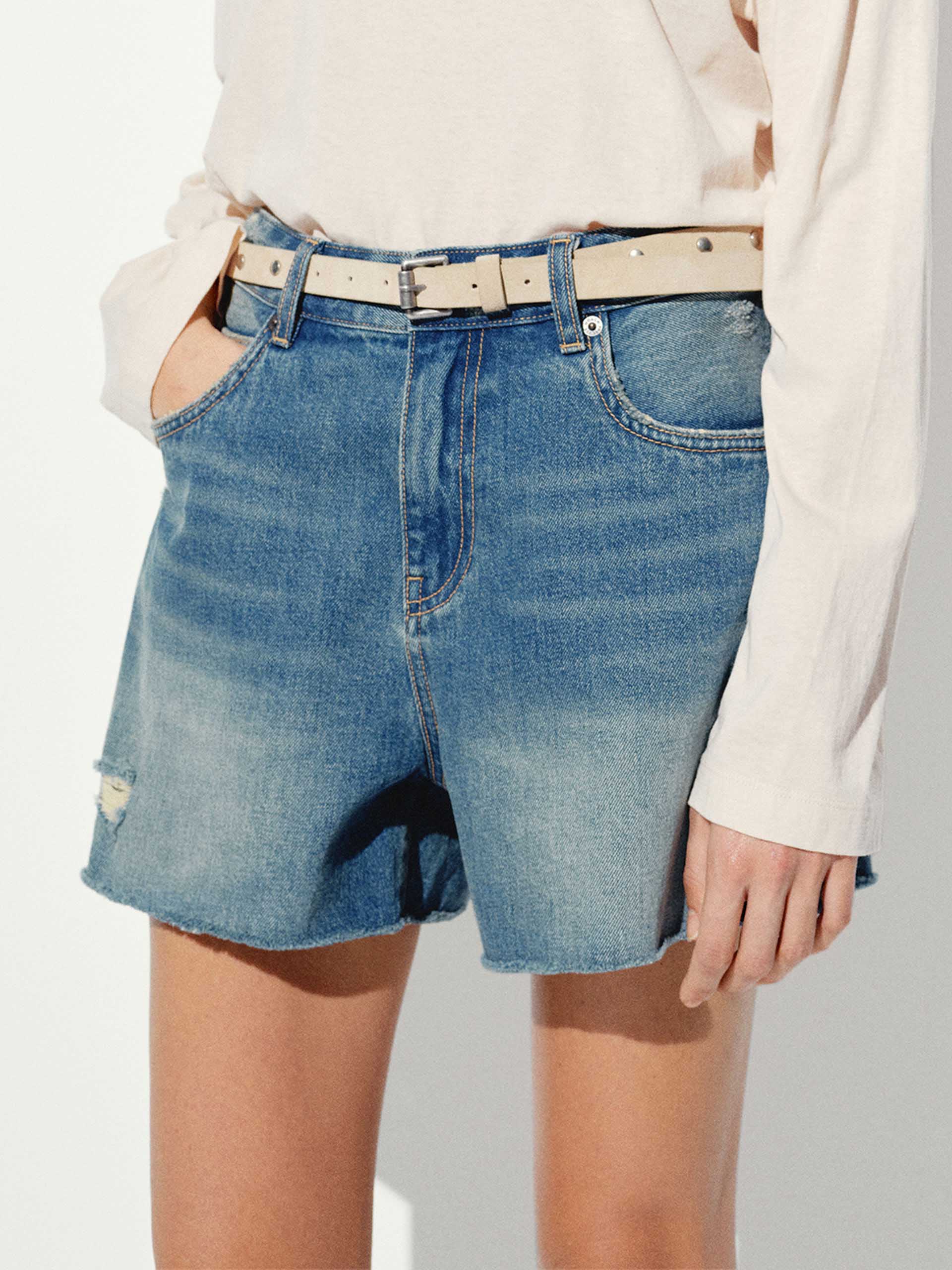 Distressed Cotton Denim Shorts - Image 8