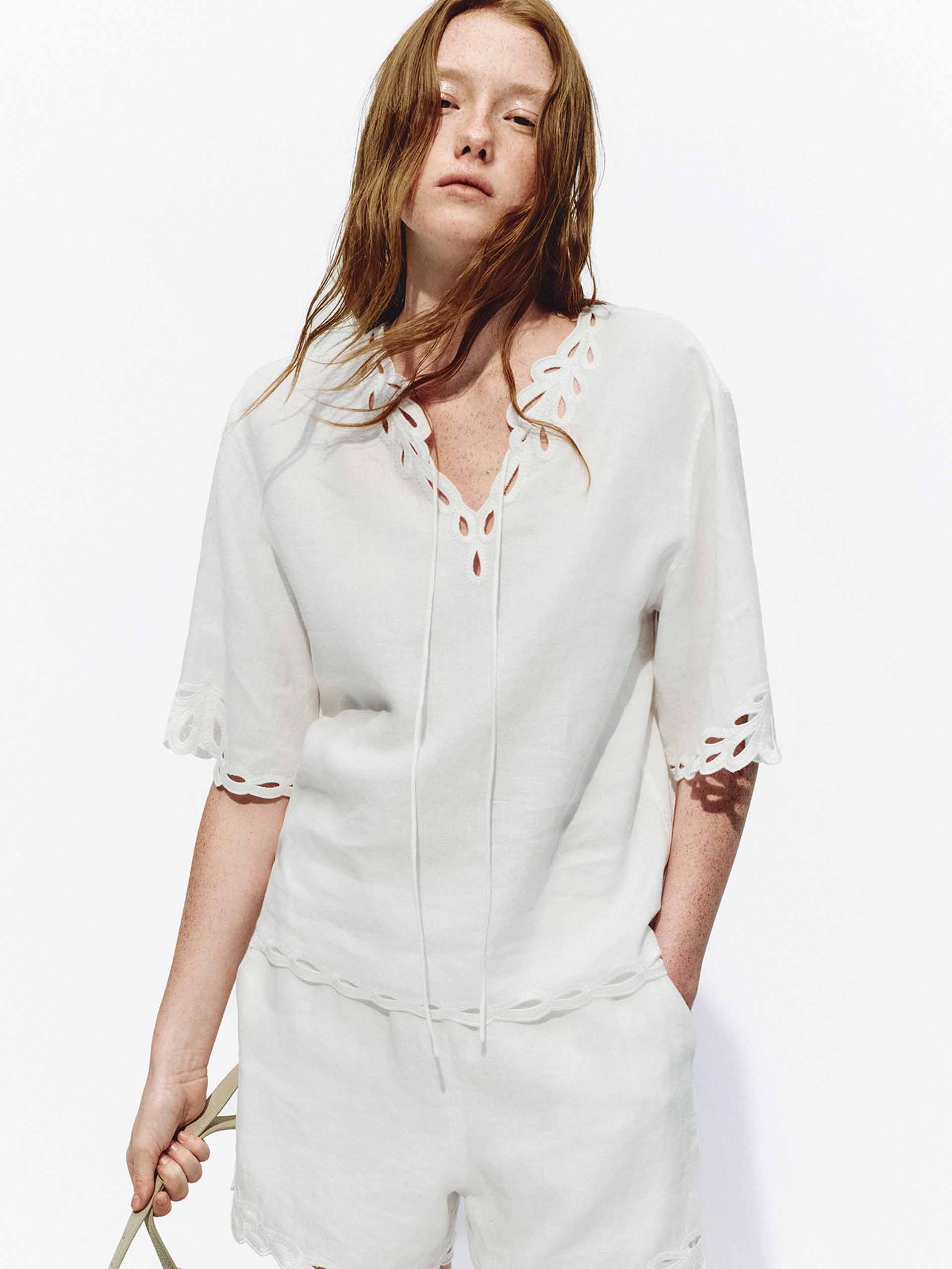 Embroidered Eyelet Trim Linen Top