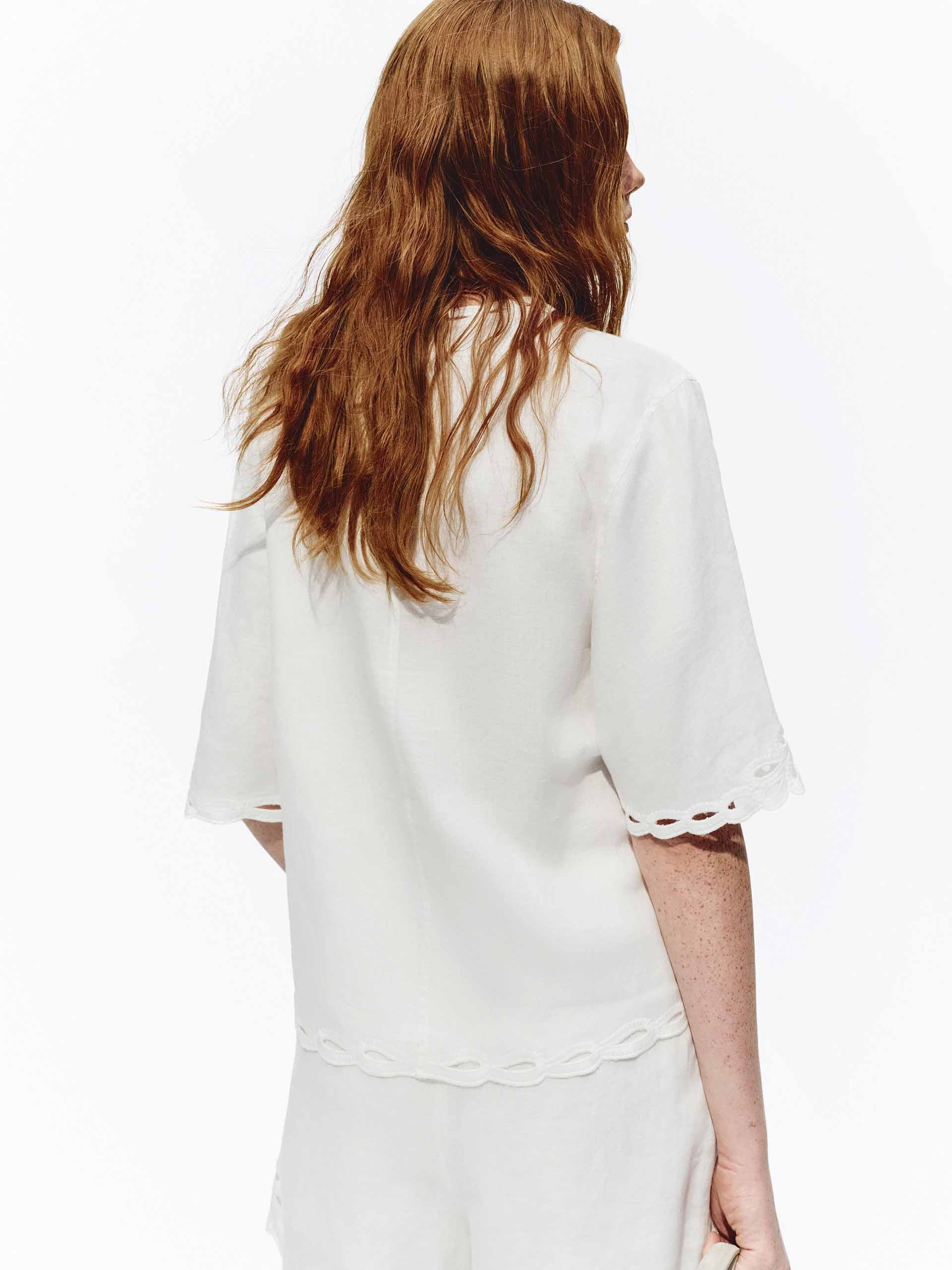 Embroidered Eyelet Trim Linen Top - Image 3