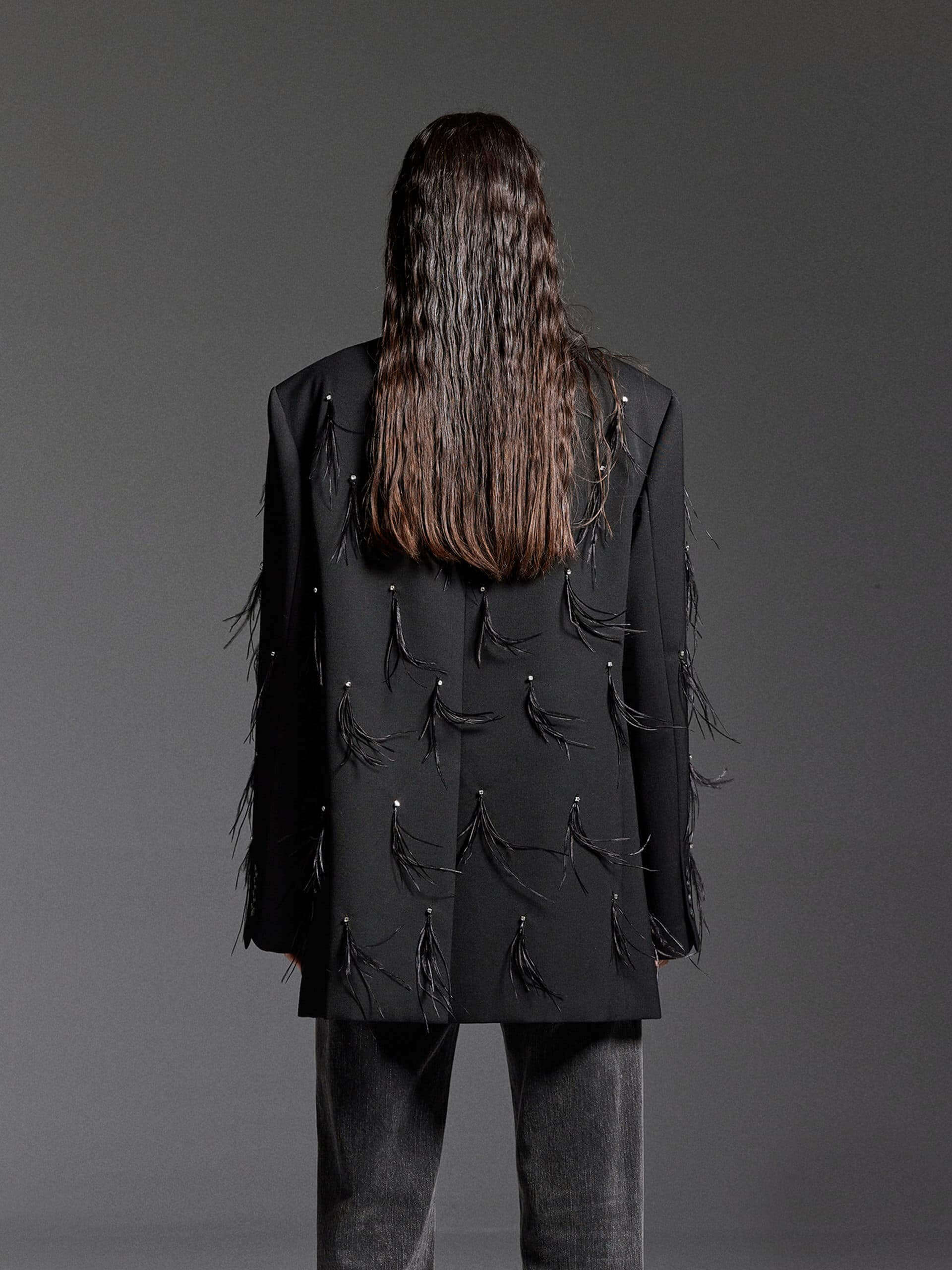 Feather Embellished Wool Blazer - Image 3