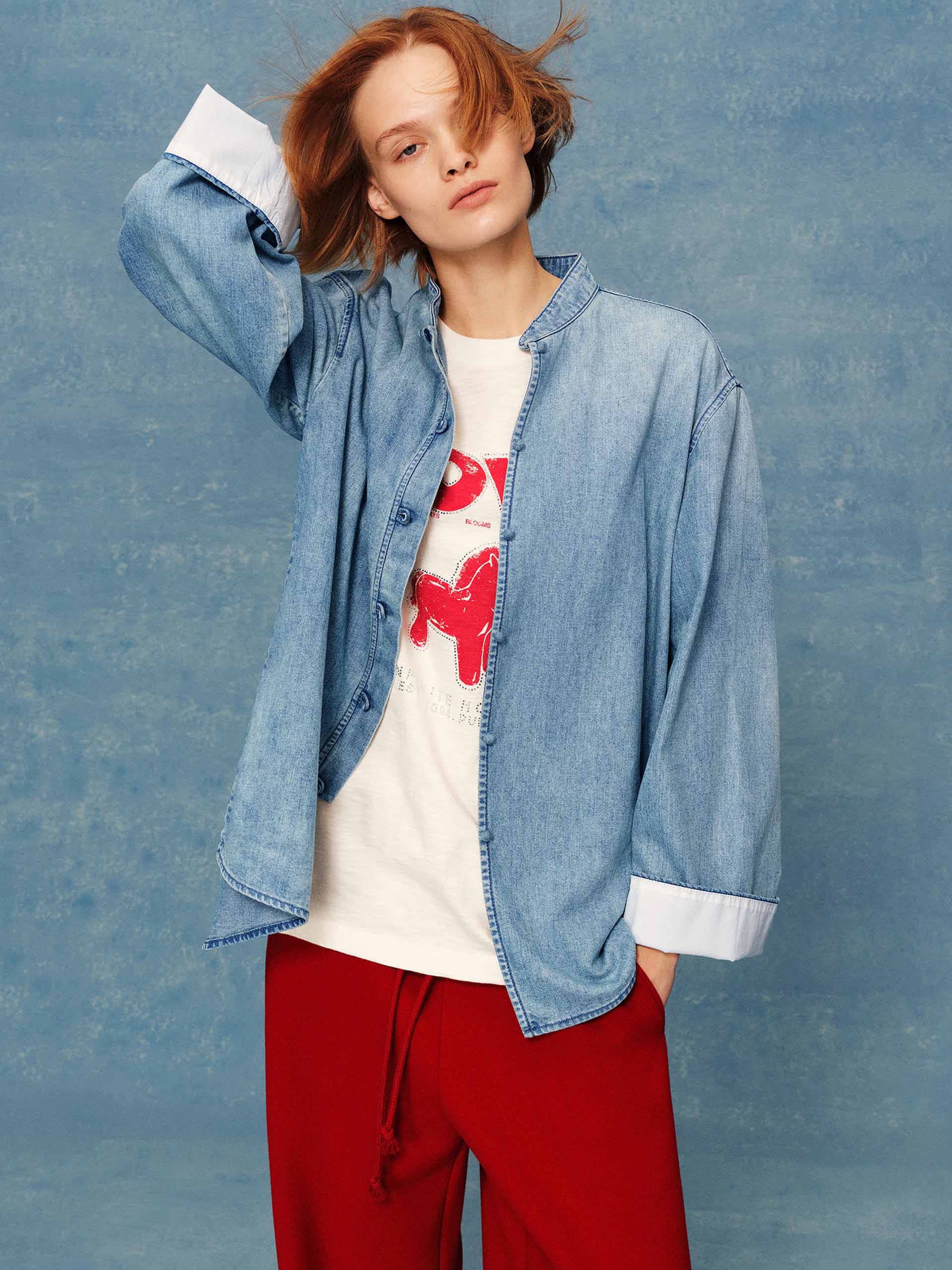 Frog Button Denim Blouse