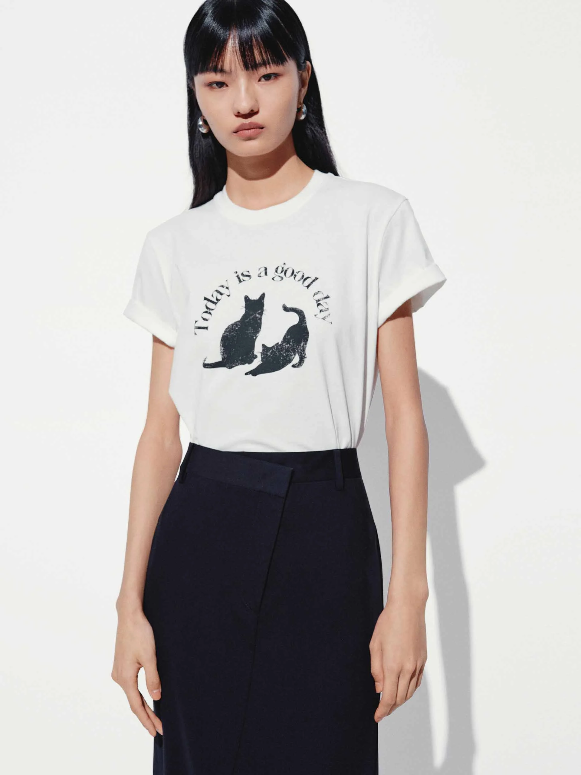 Front Cat Print Cotton T-shirt