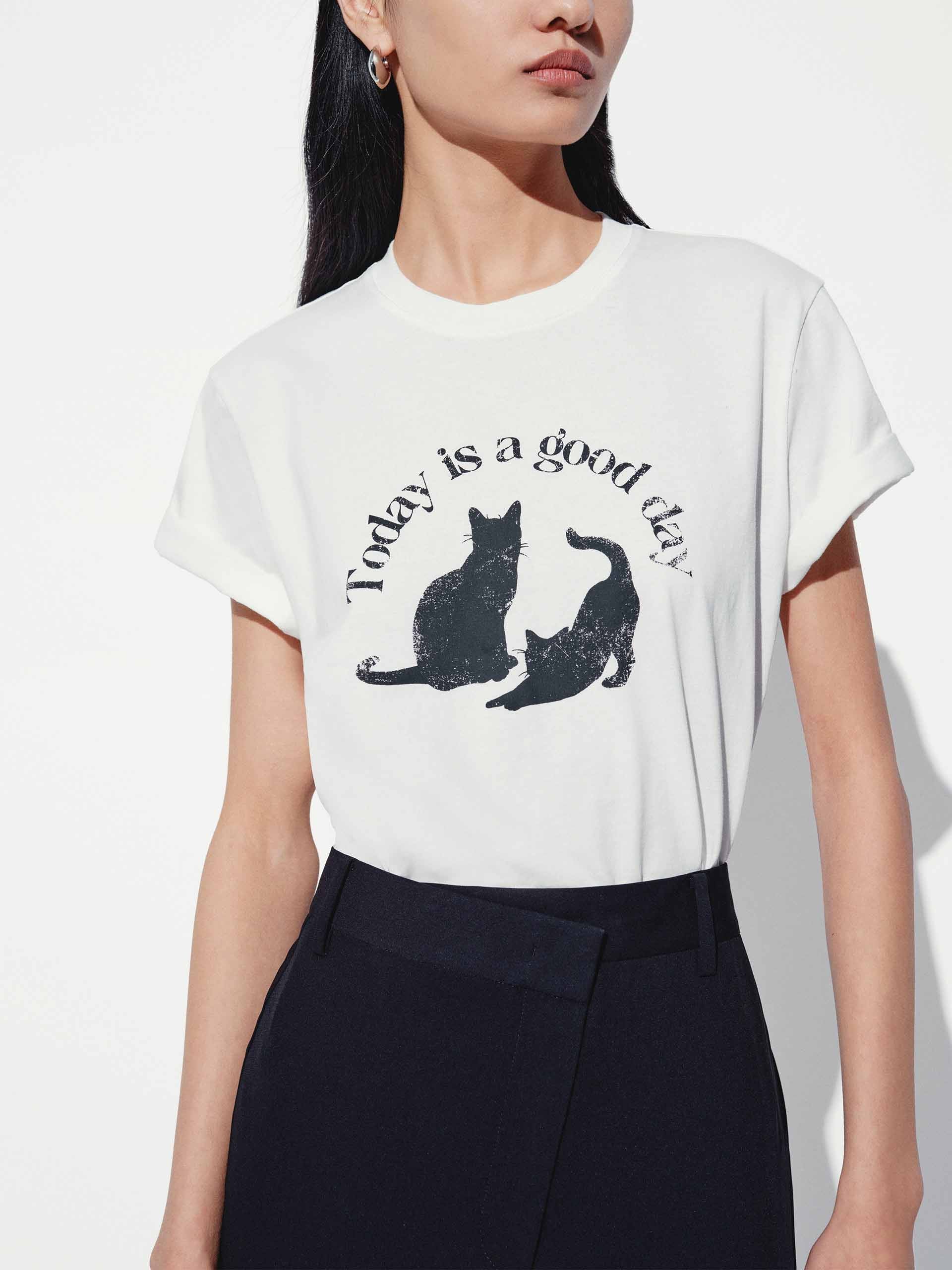 Front Cat Print Cotton T-shirt - Image 7