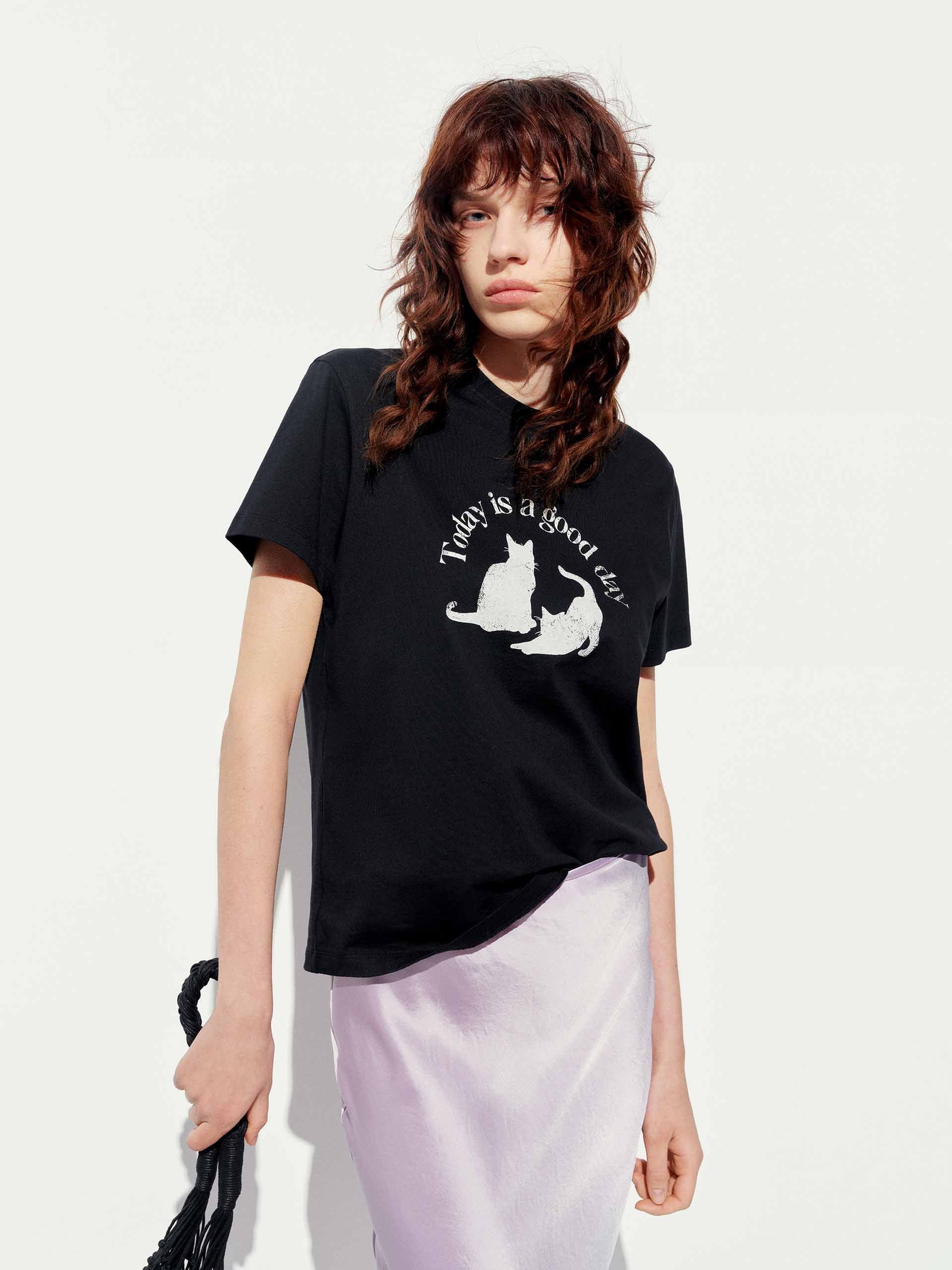 Front Cat Print Cotton T-shirt - Image 8