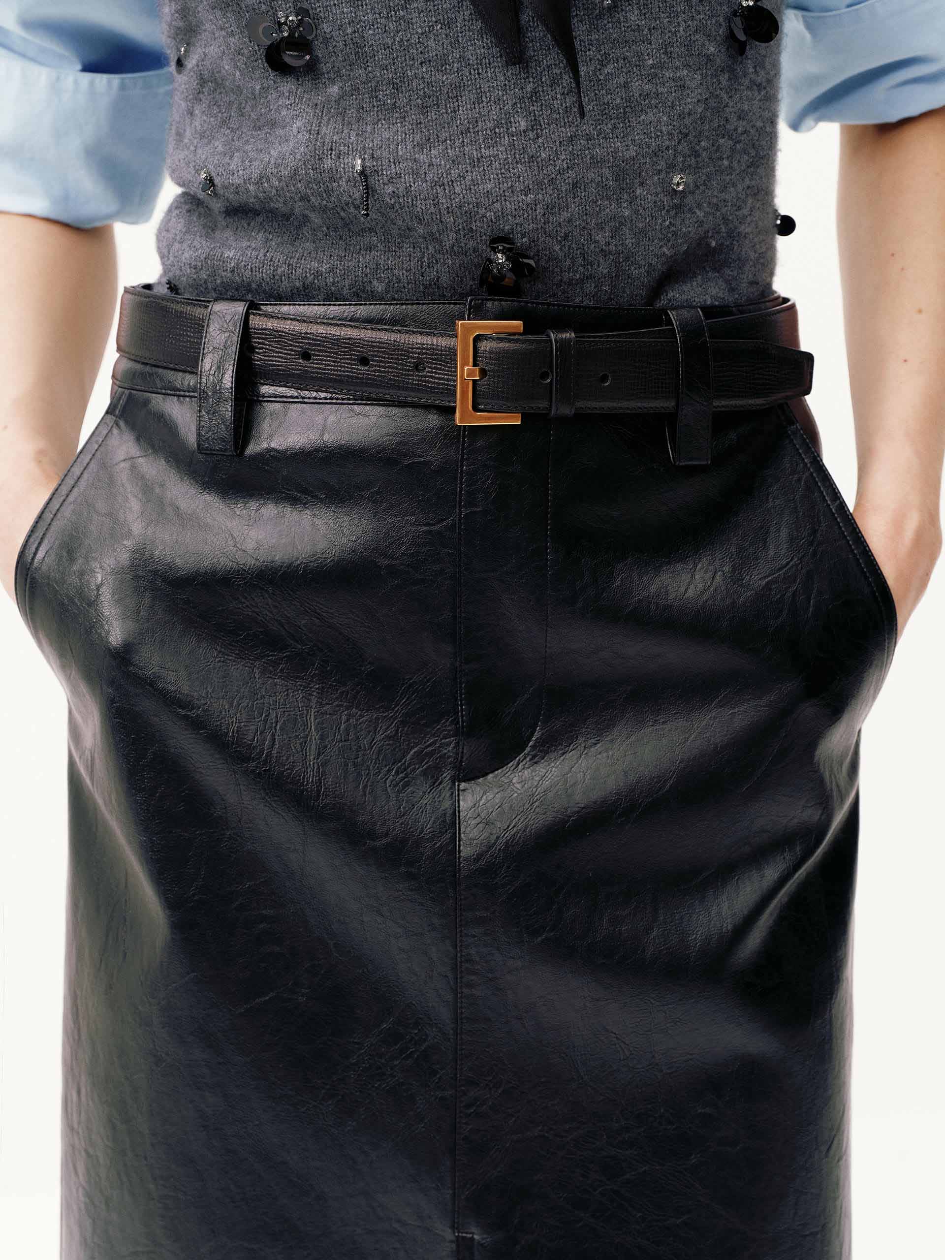 Front Slit Midi Leather Skirt - Image 7