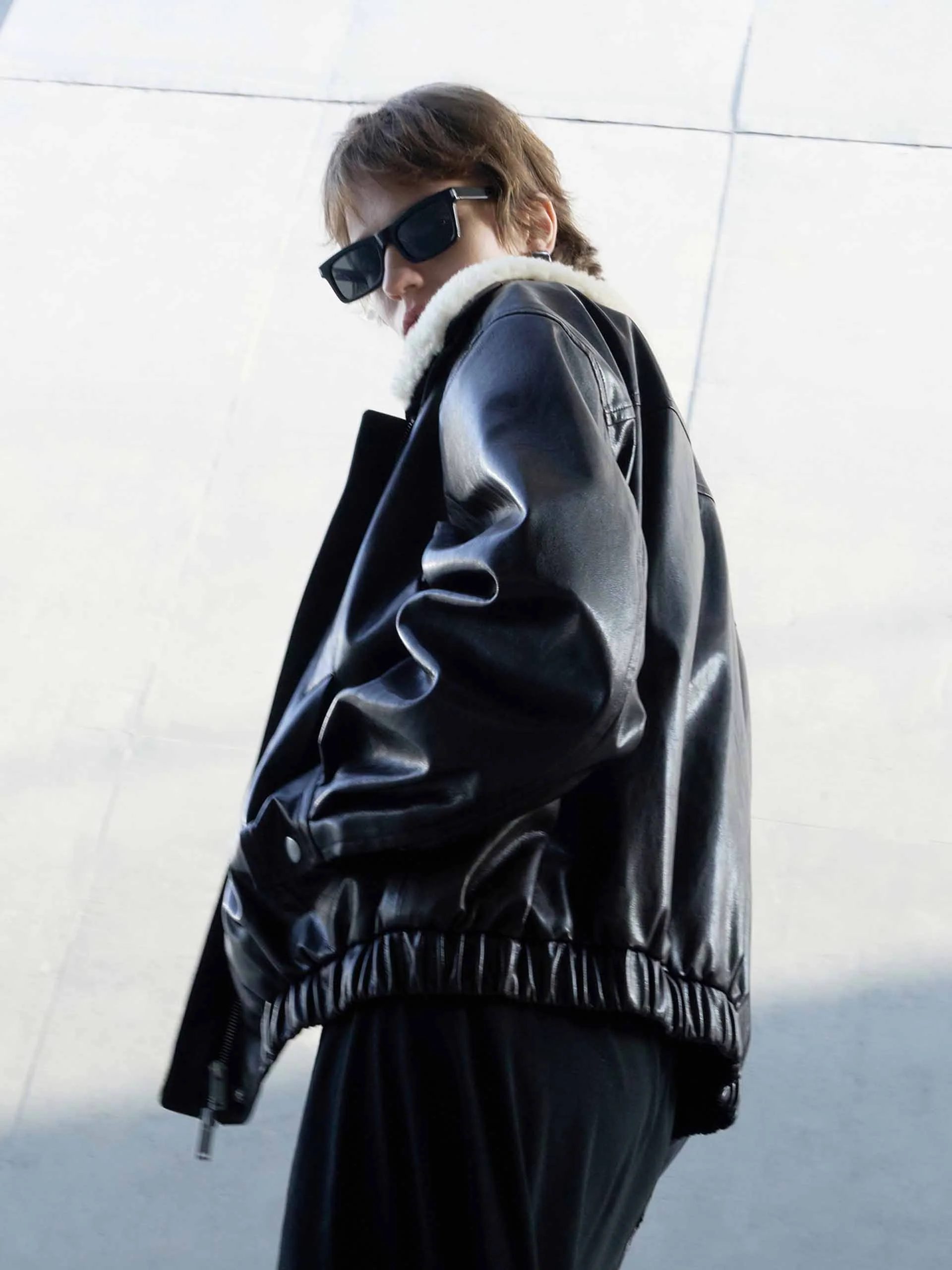 Fur Collar Leather Coat - Image 9