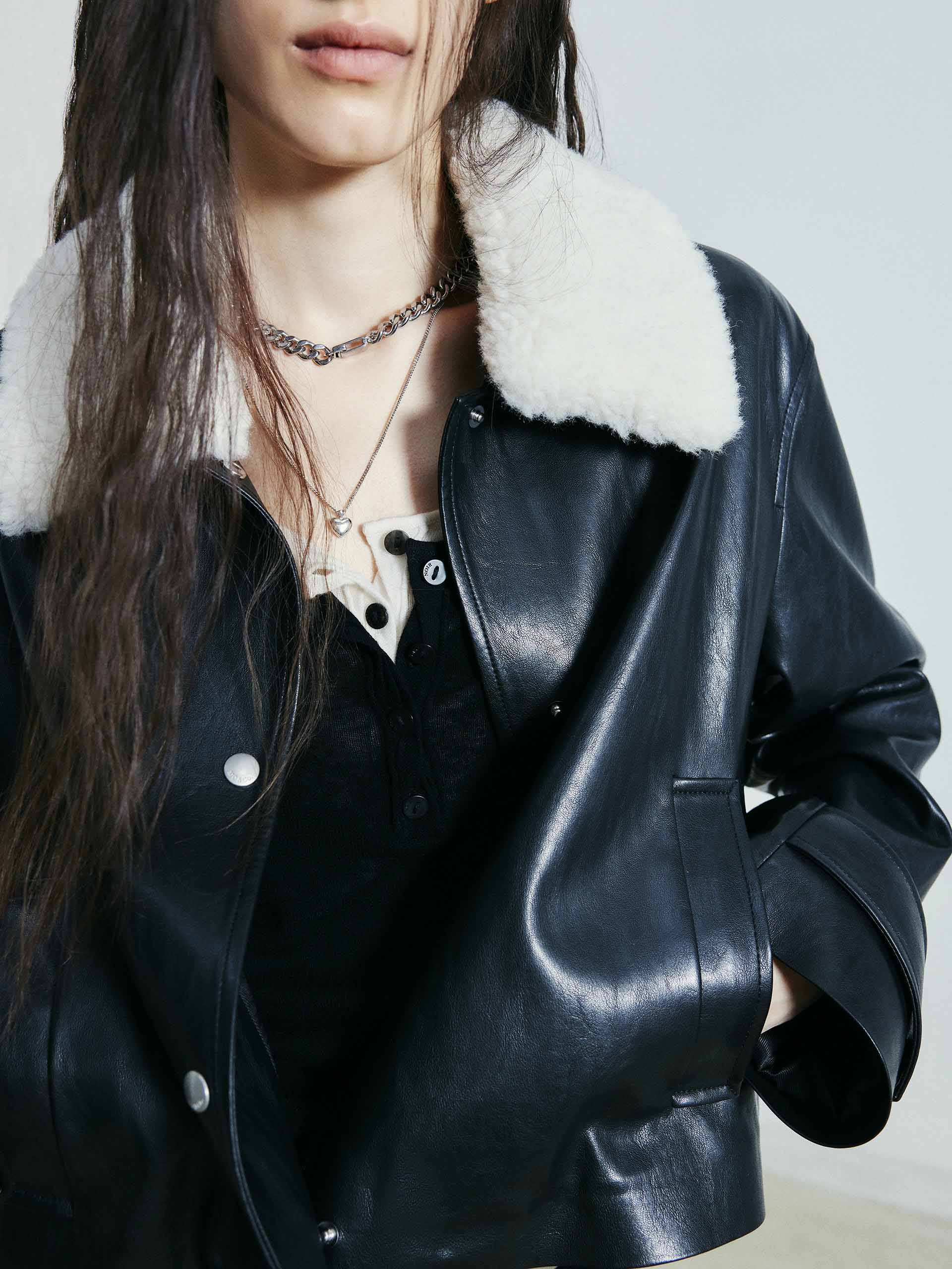 Fur Collar Leather Coat - Image 7