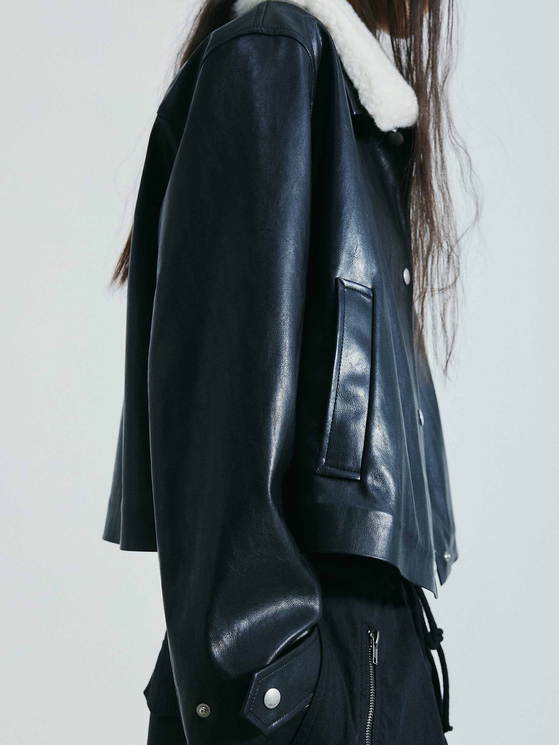 Fur Collar Leather Coat - Image 9