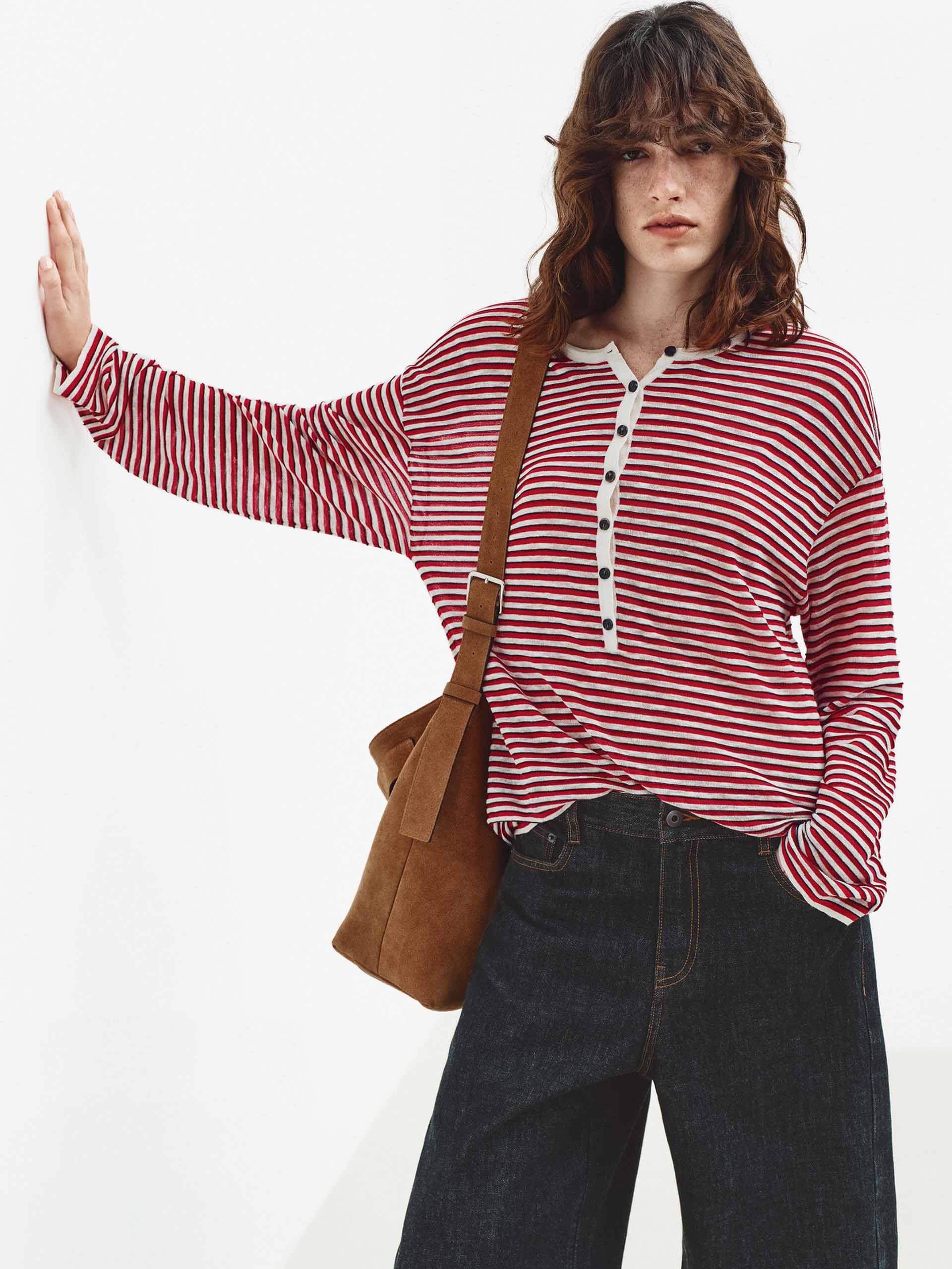 Half Button Striped Knit Top