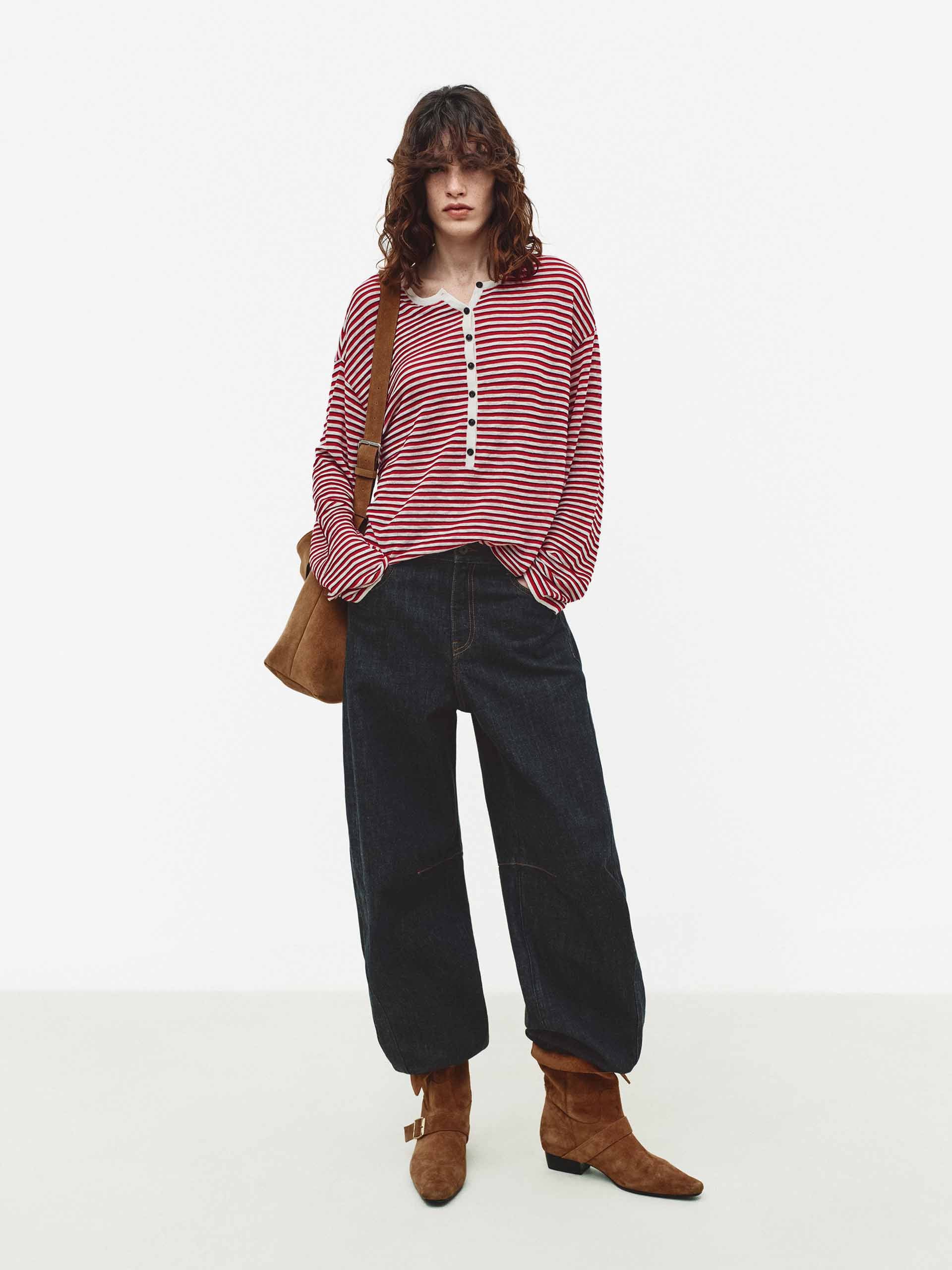 Half Button Striped Knit Top - Image 2