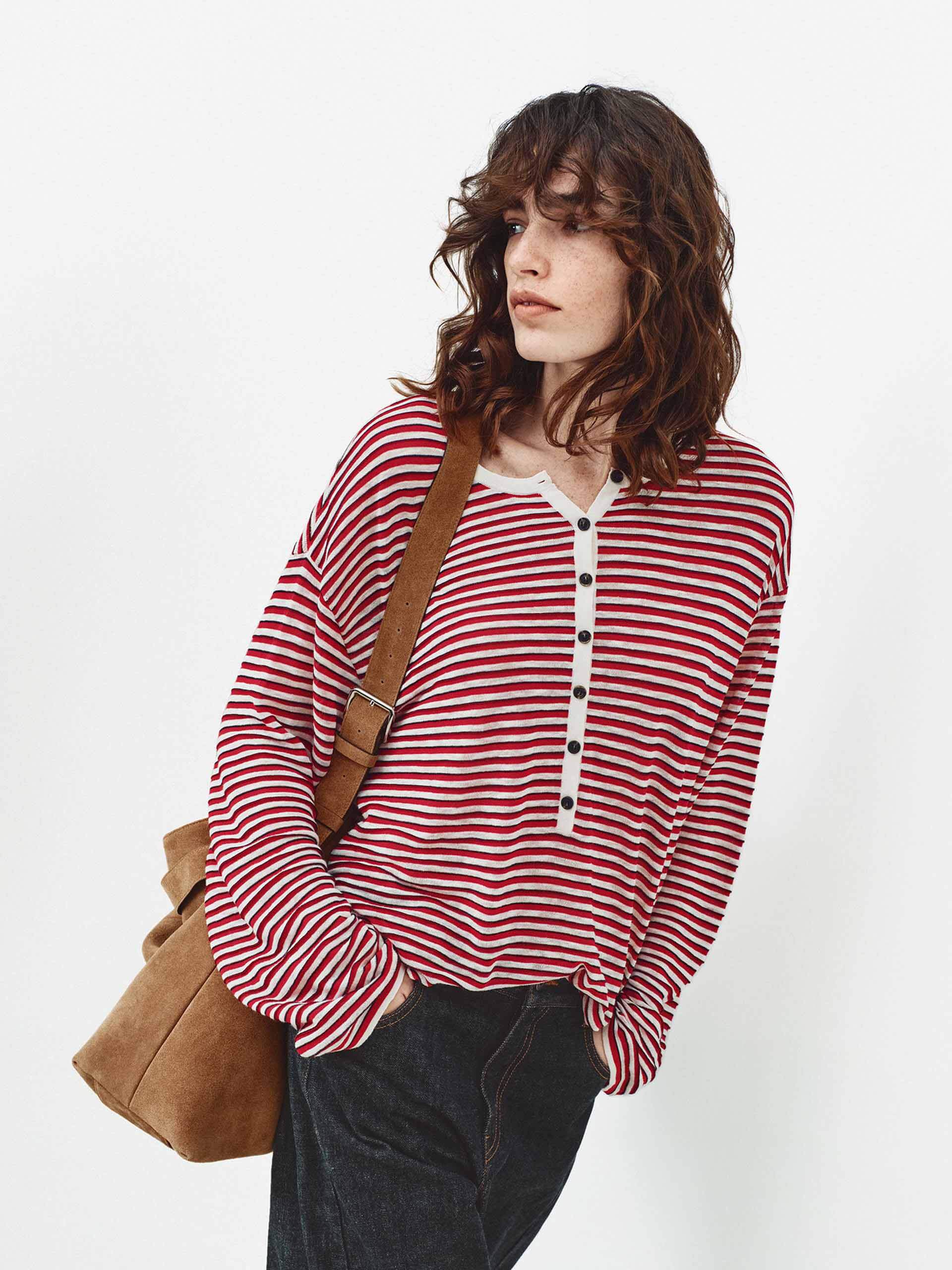 Half Button Striped Knit Top - Image 3