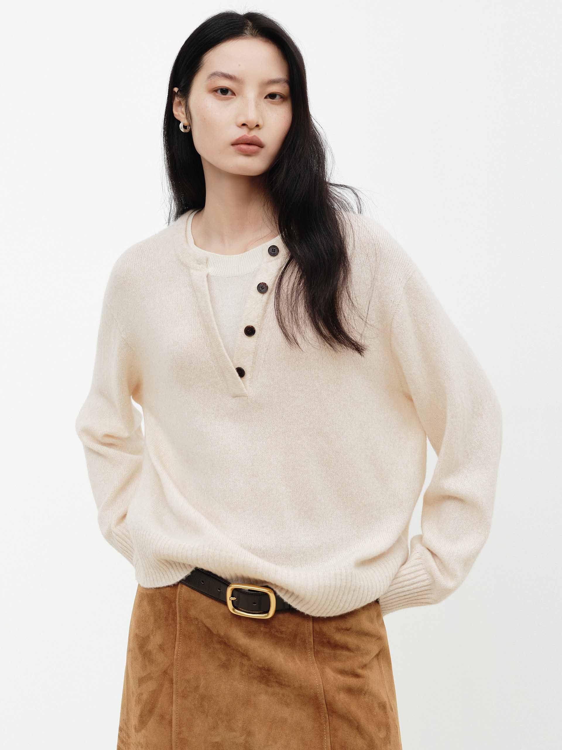 Henley Collar Wool Blend Sweater
