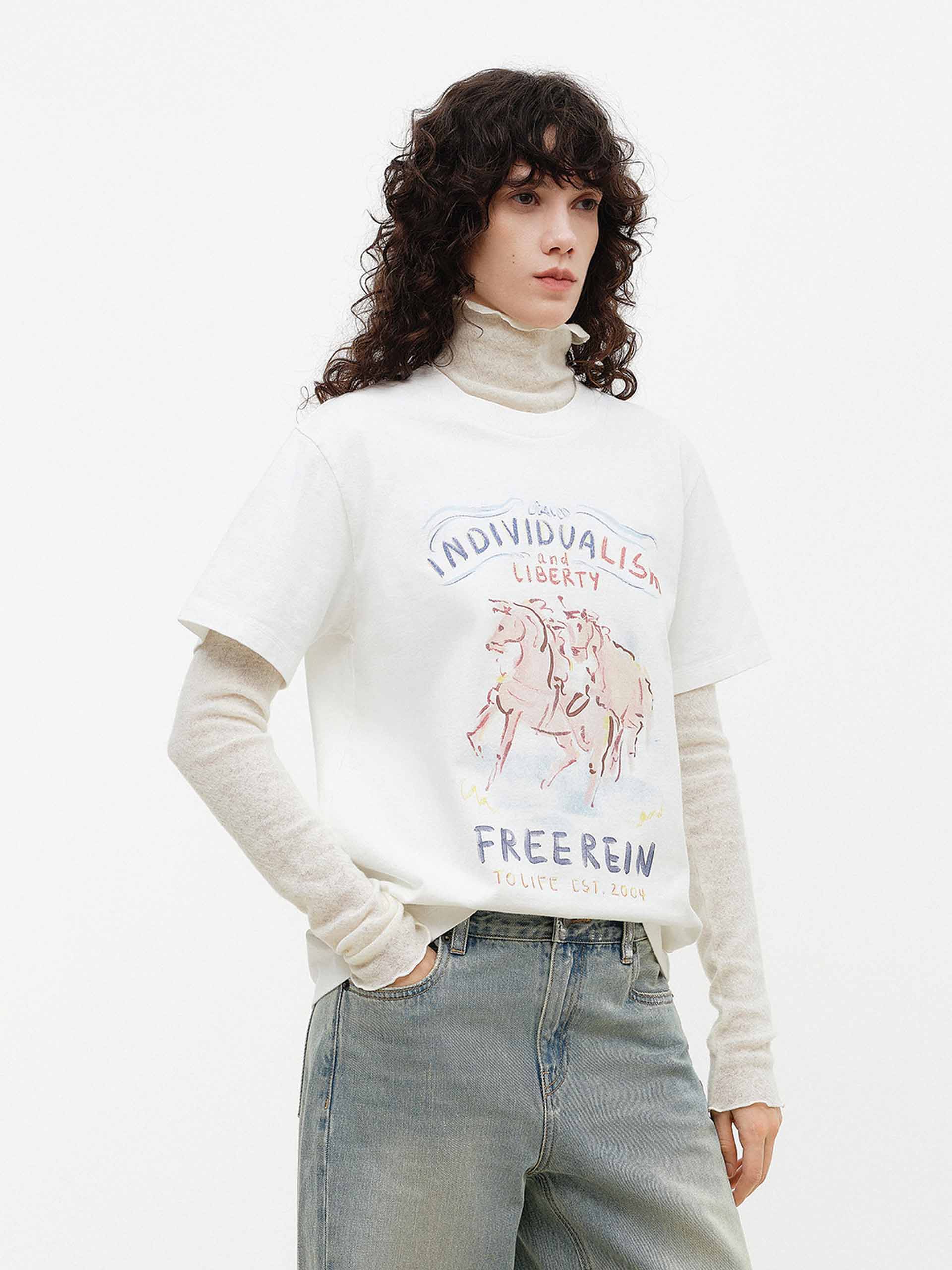 Horse Pattern Cotton T-shirt - Image 3