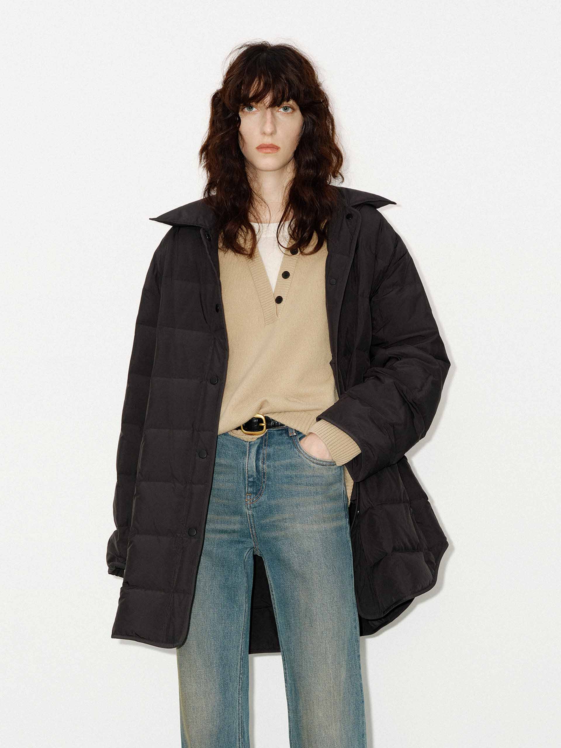 Lapel Collar Midi Puffer Coat - Image 15