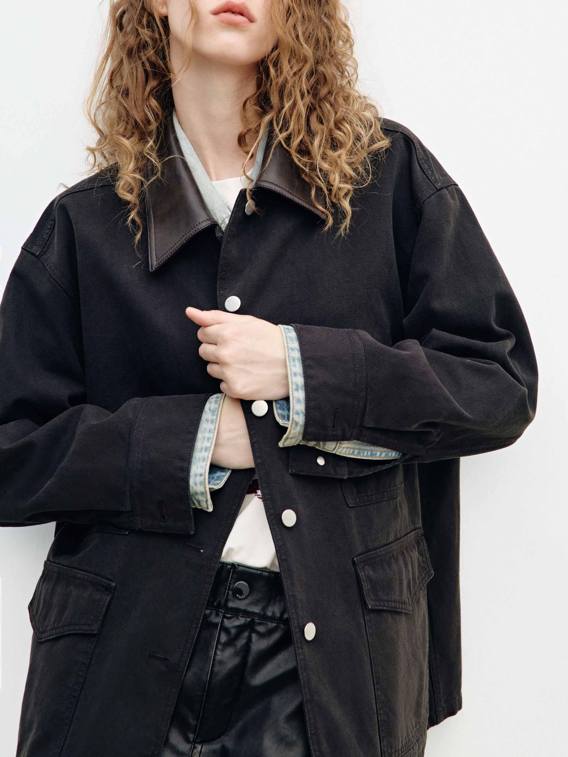 Leather Collar Button Coat - Image 13