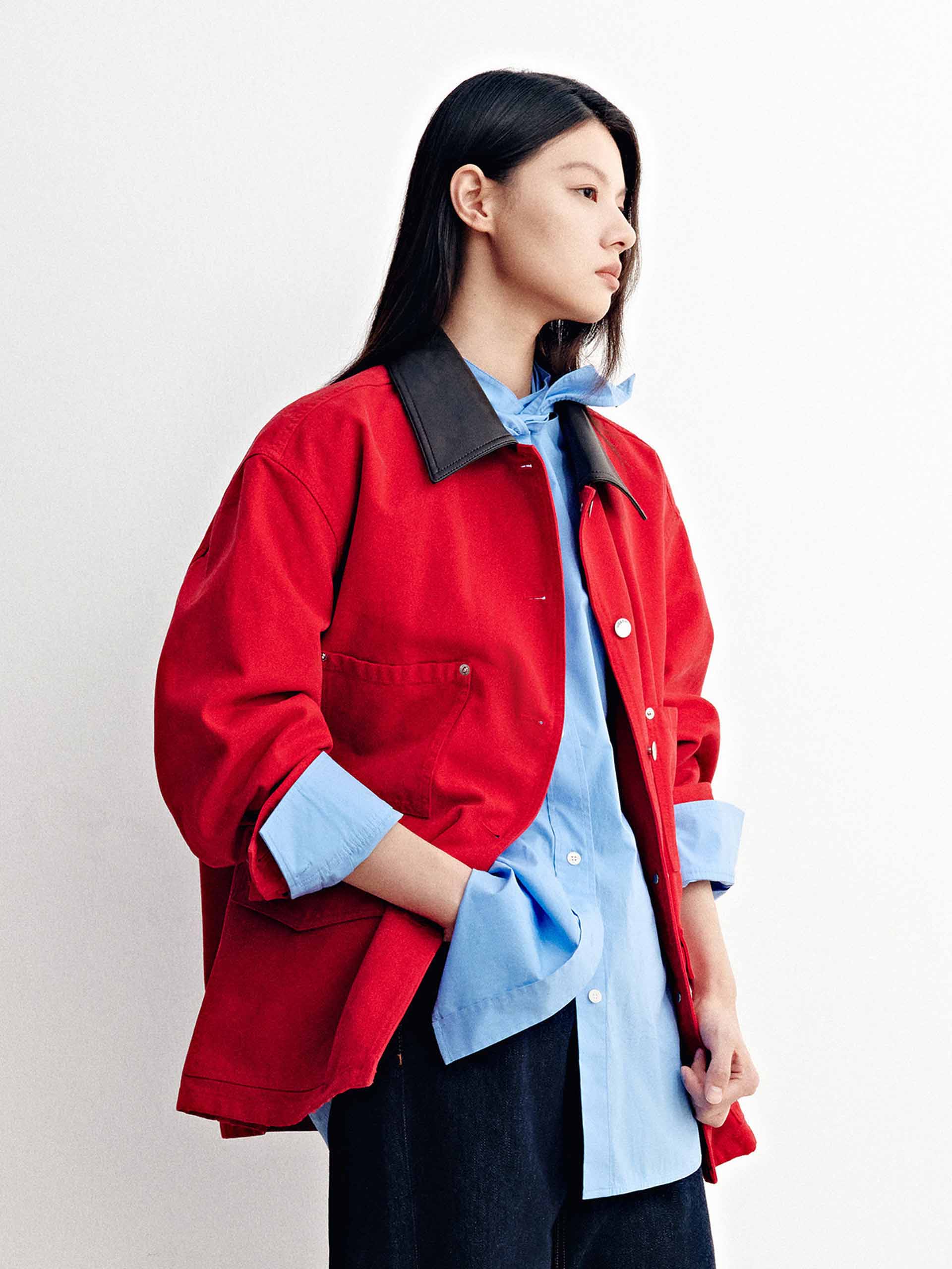 Leather Collar Button Coat - Image 3