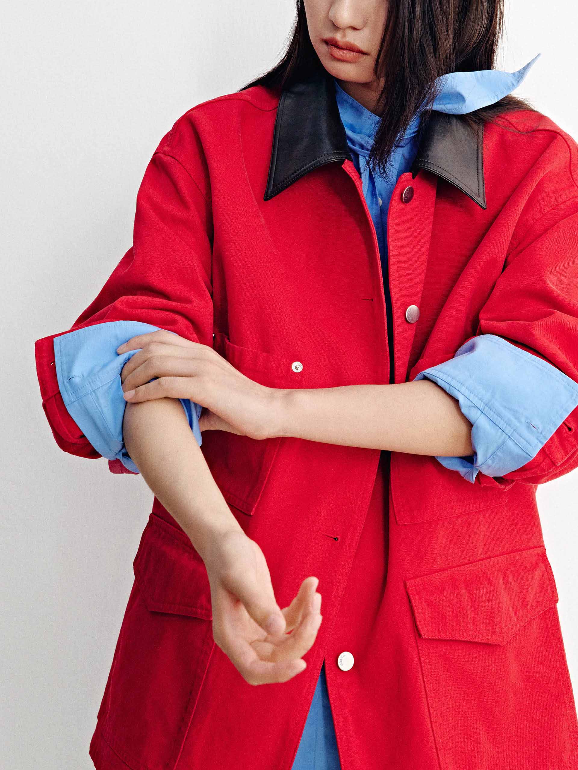 Leather Collar Button Coat - Image 7