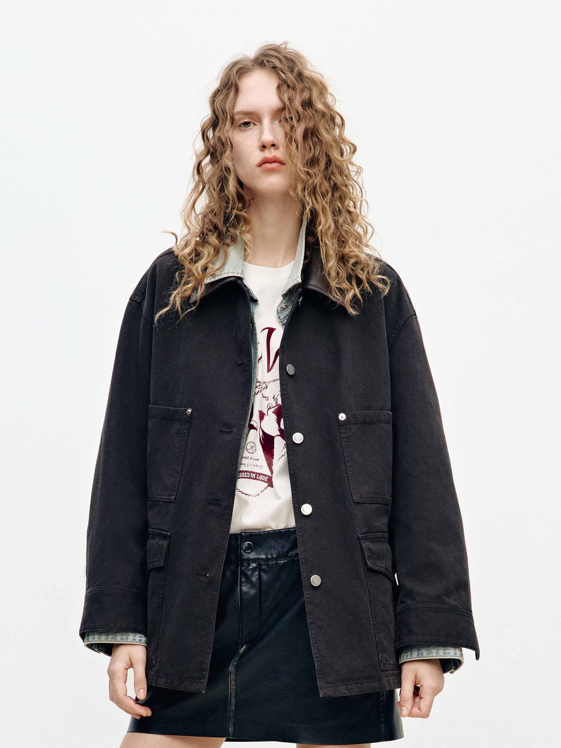 Leather Collar Button Coat - Image 9