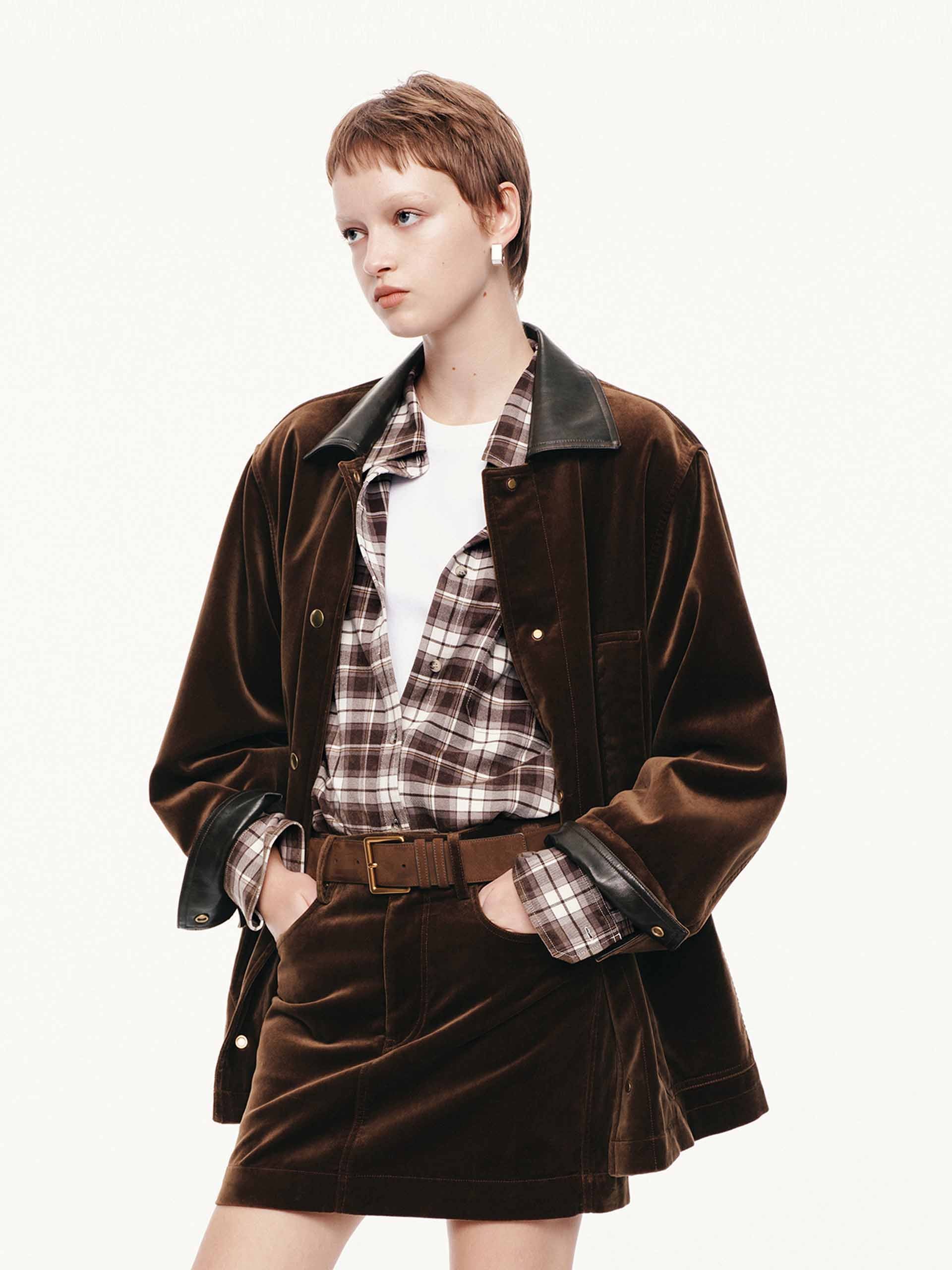 Leather Collar Velvet Coat - Image 3