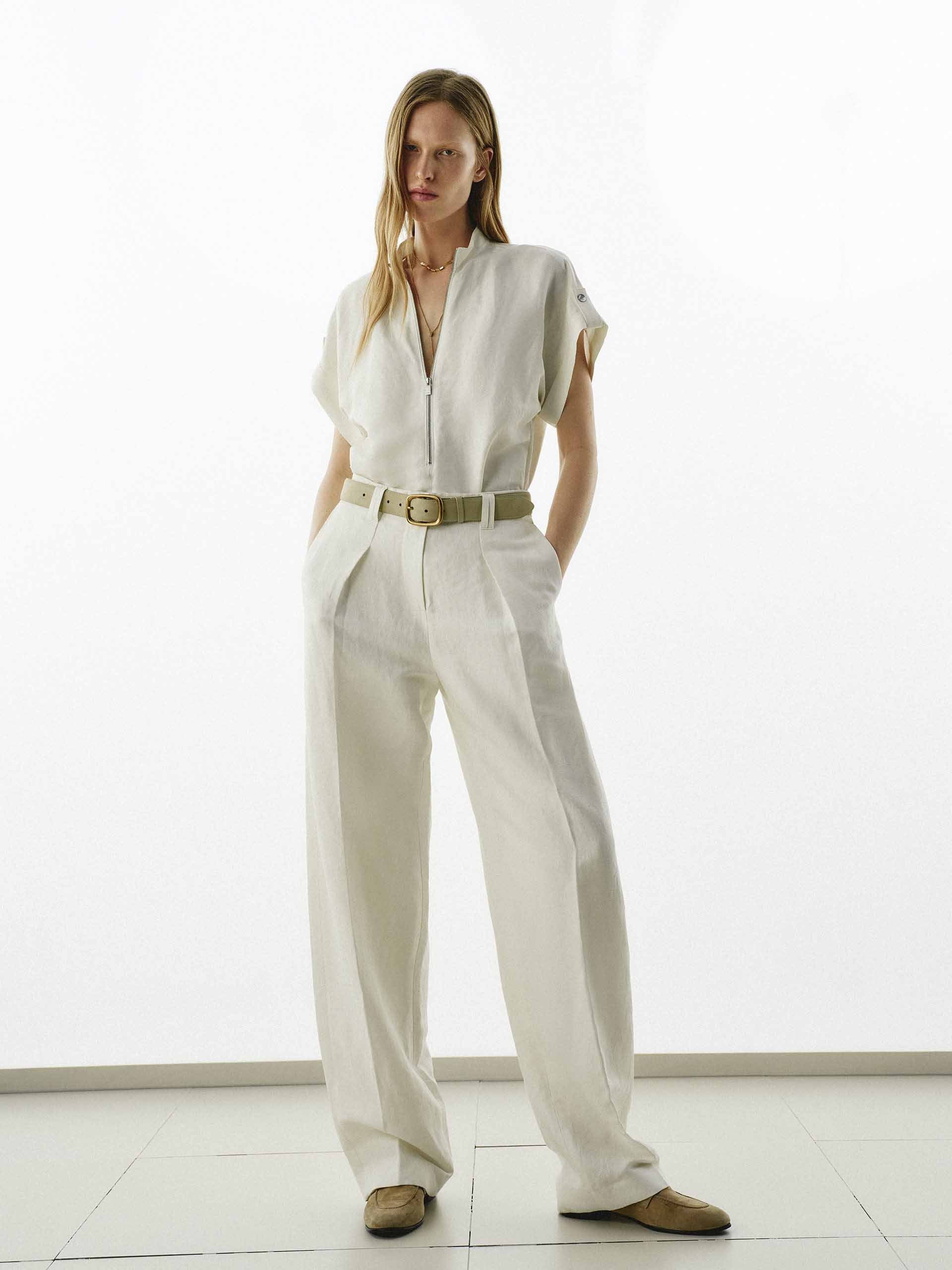 Linen Blend Jumpsuit with Belt - Image 2