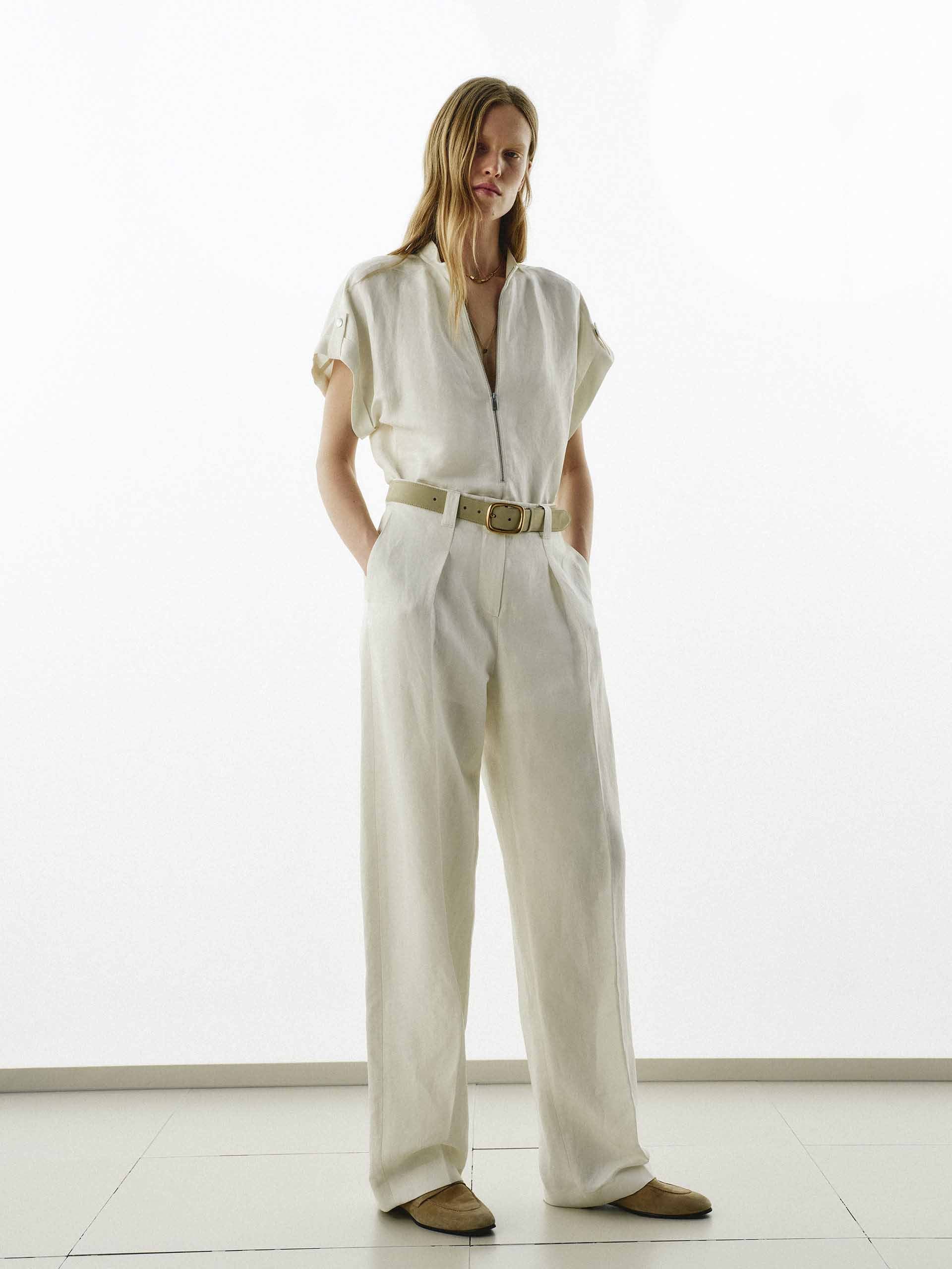 Linen Blend Jumpsuit with Belt - Image 6