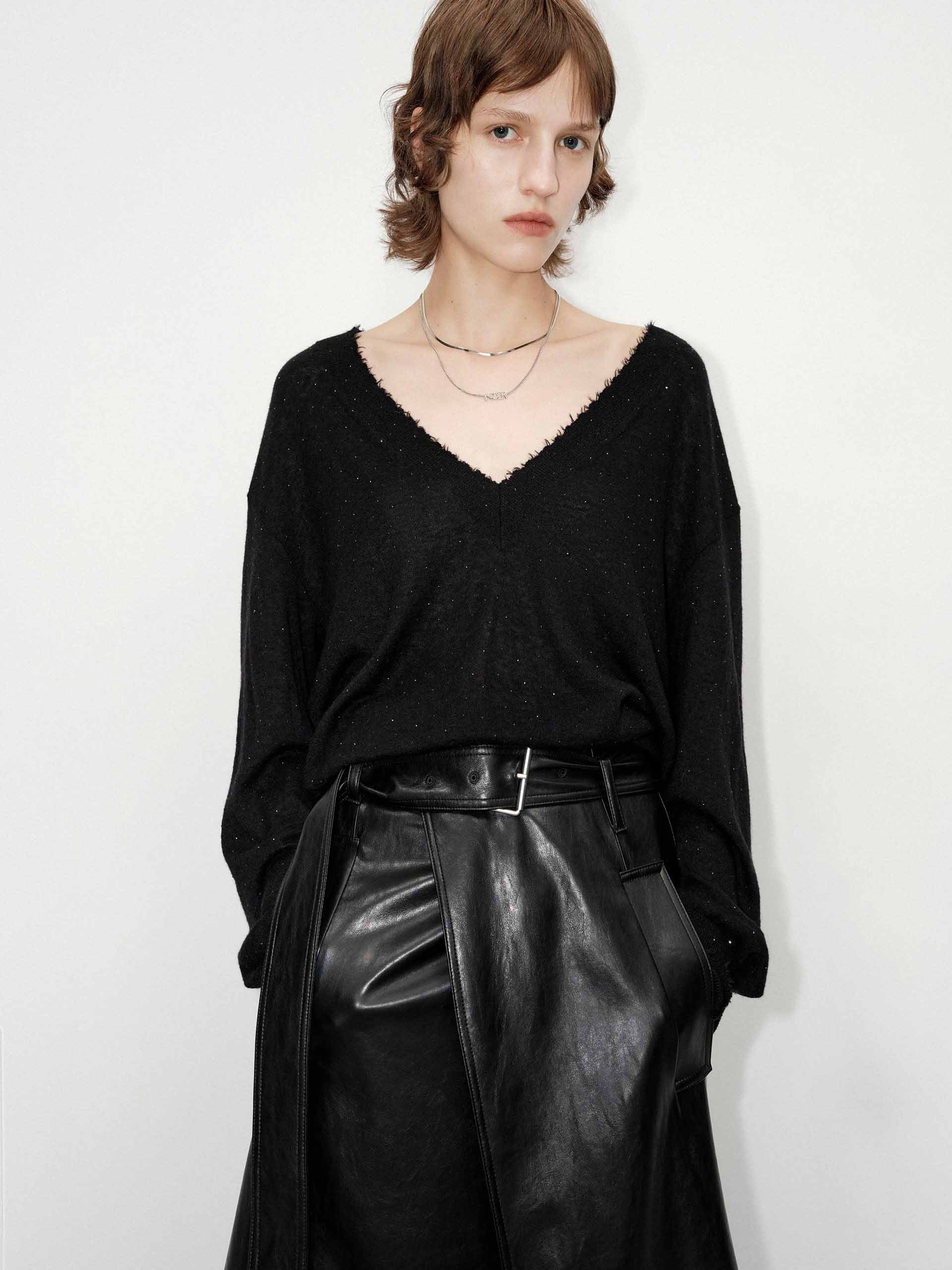 Loose V-neck Knit Sweater - Image 2