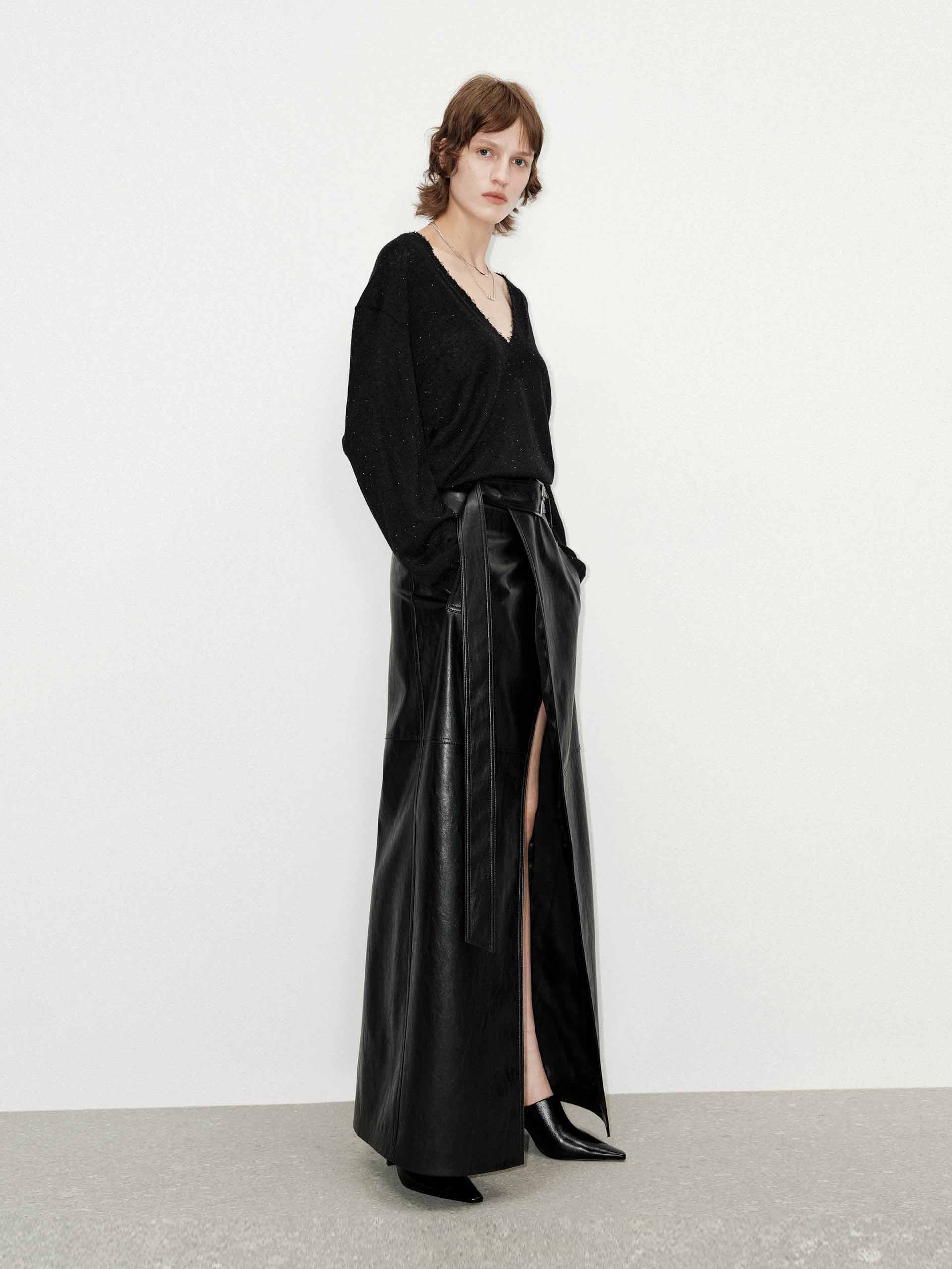 Maxi Slit Detail Leather Skirt - Image 2