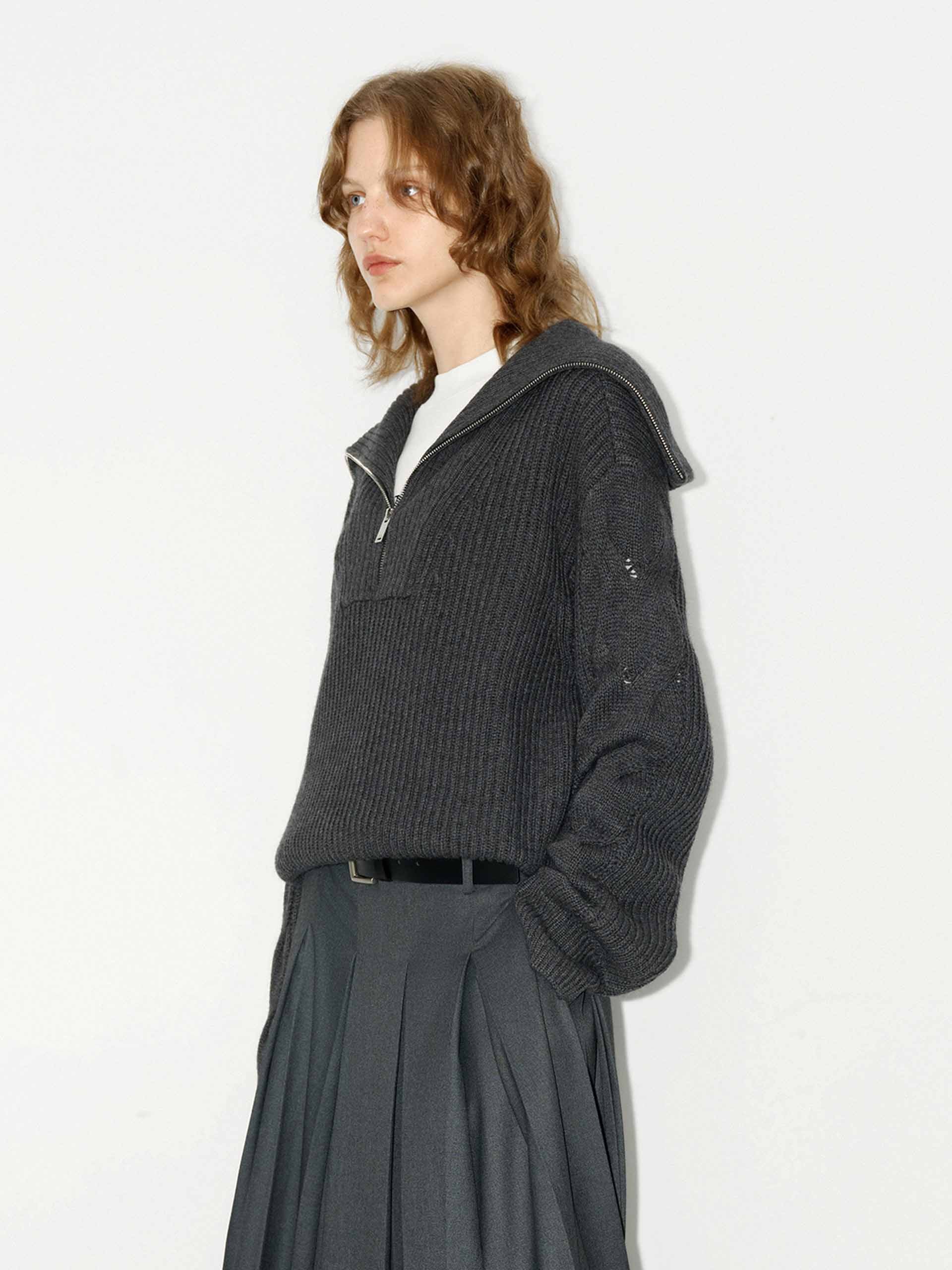 Navy Collar Ribbed Knit Top - Image 13