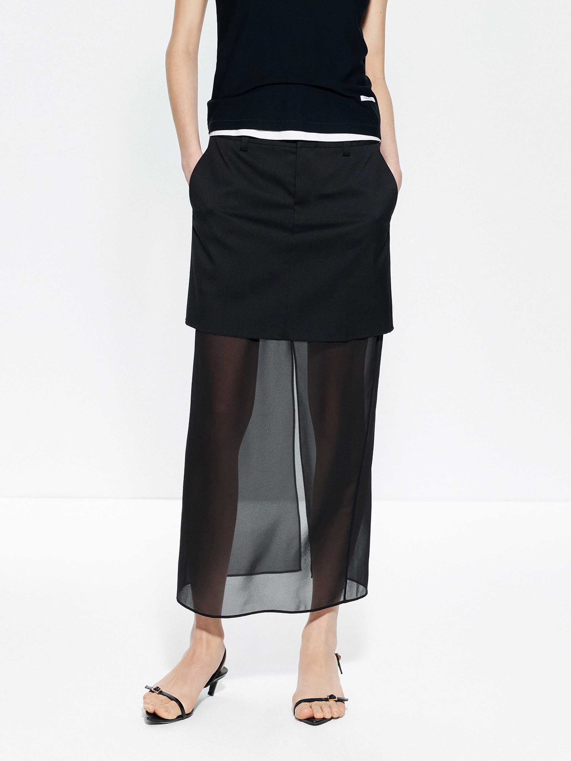 Paneled Tulle Midi Skirt