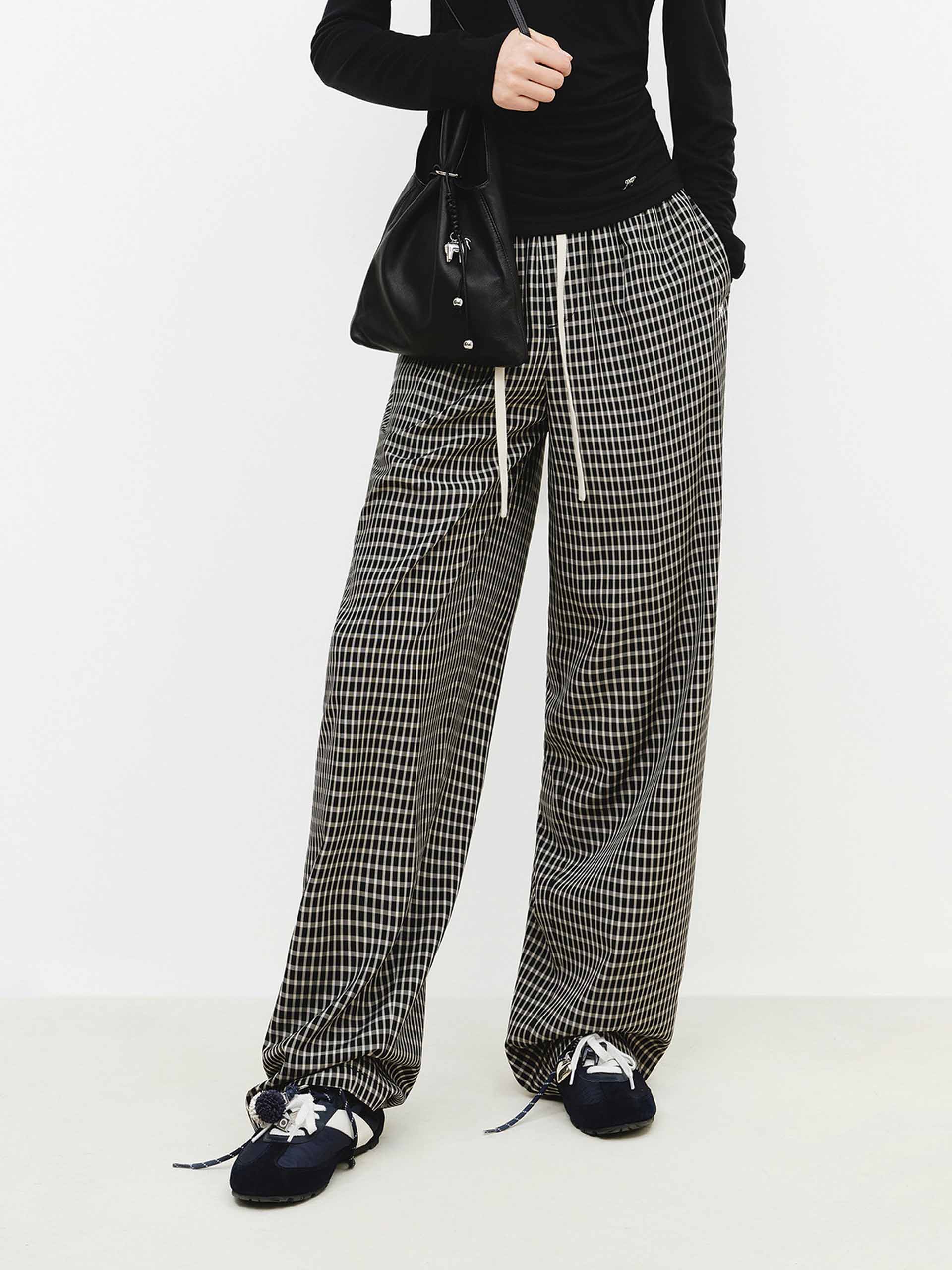 Plaid Drawstring Pleated Trousers