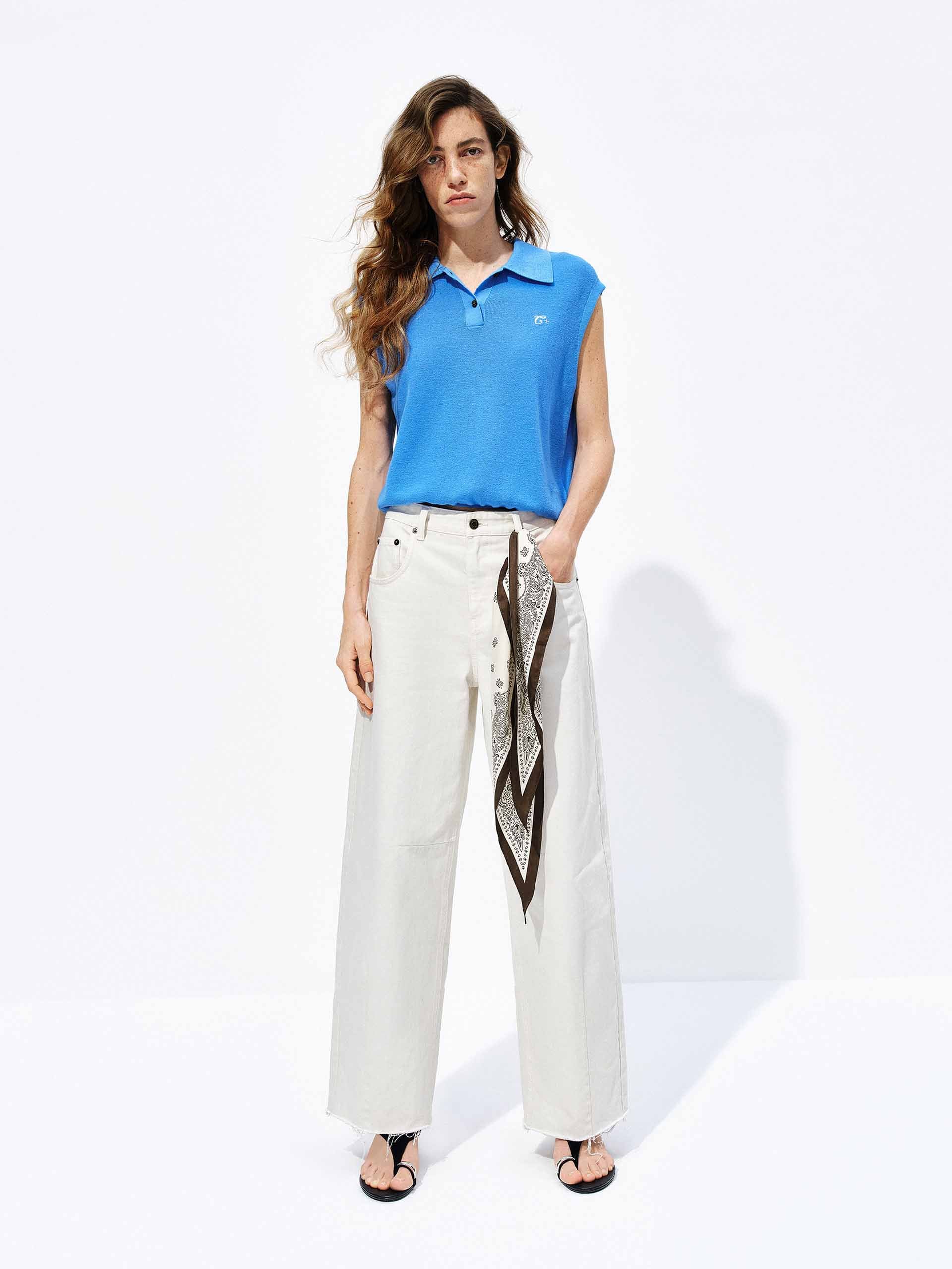Polo Collar Linen Blend Knit Top - Image 2