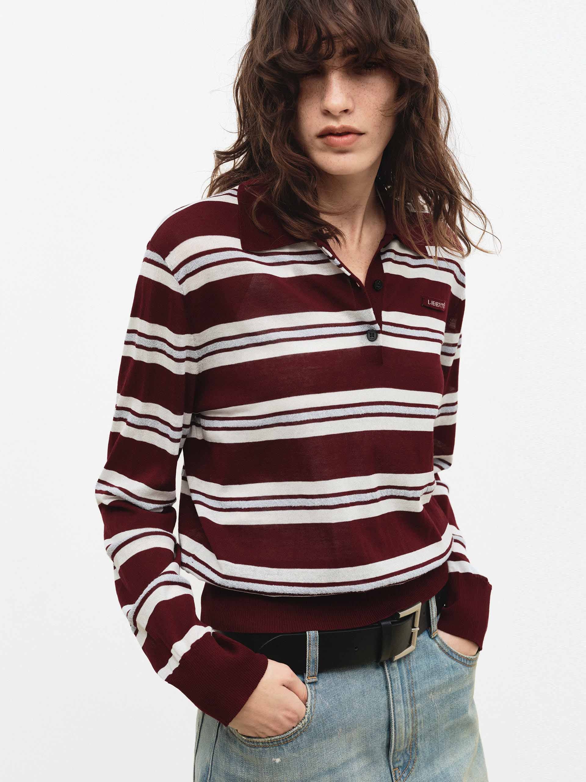 Polo Collar Striped Knit Top - Image 3