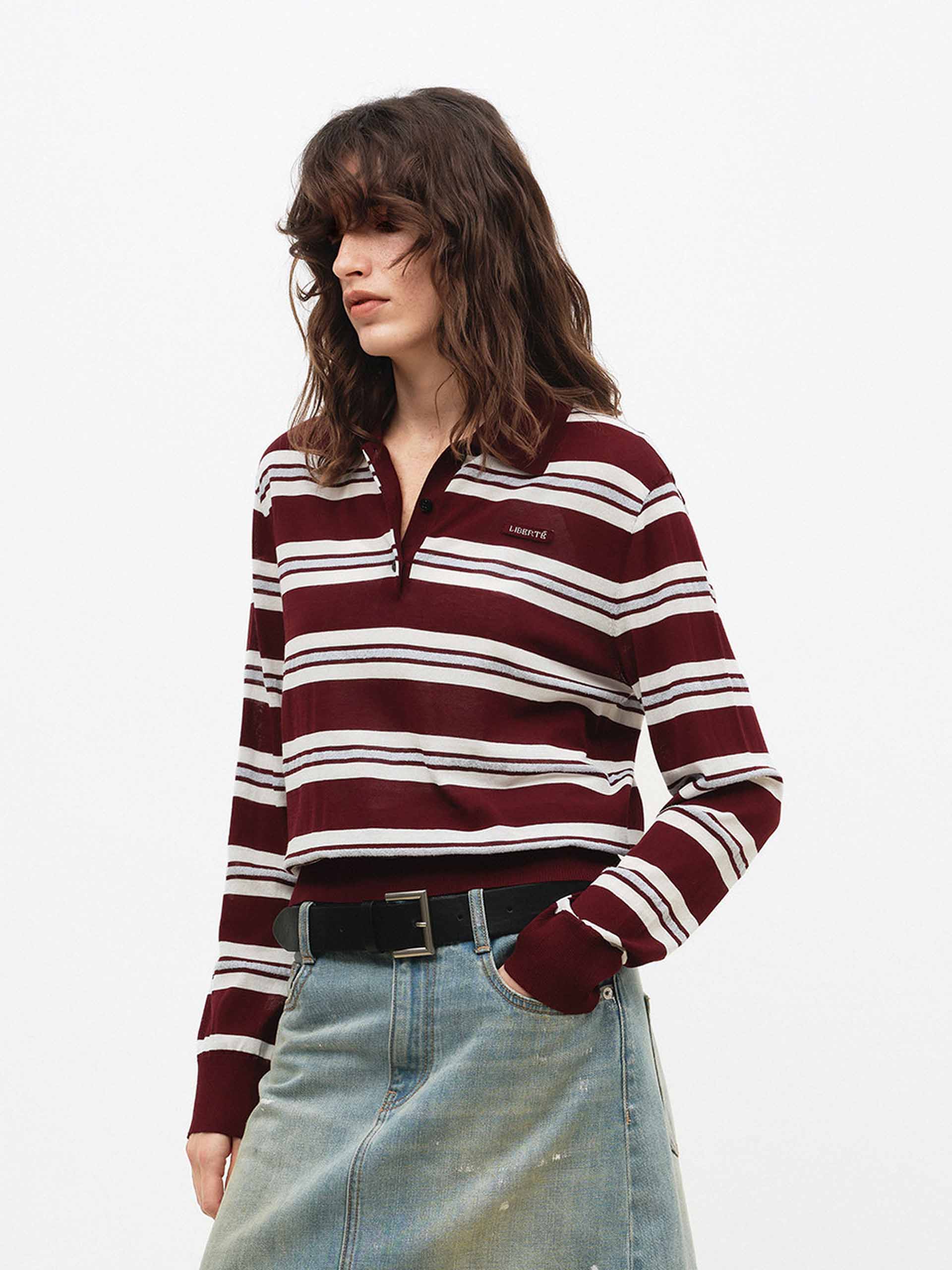Polo Collar Striped Knit Top - Image 7