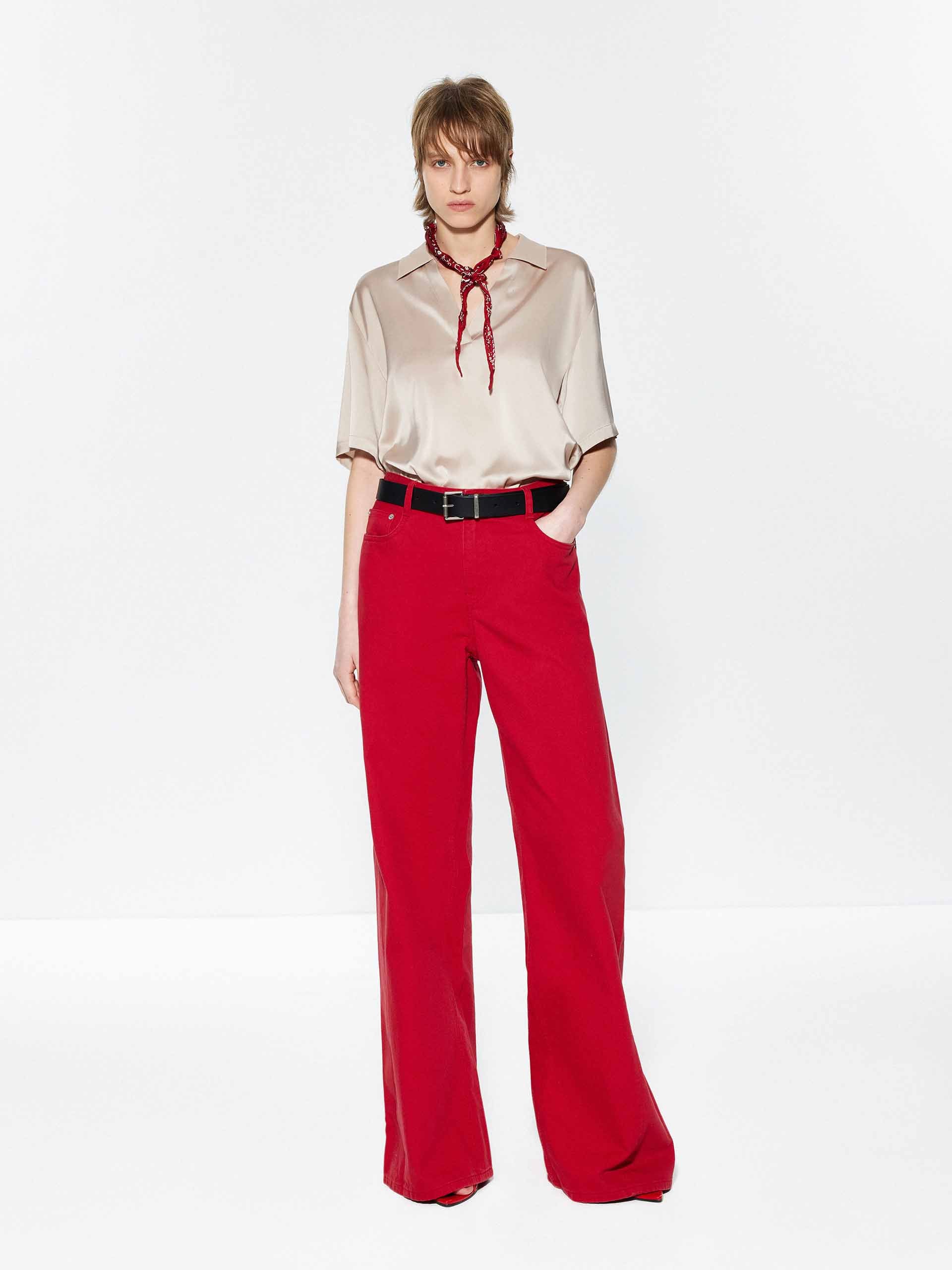 Red Wide Leg Cotton Jeans - Image 2