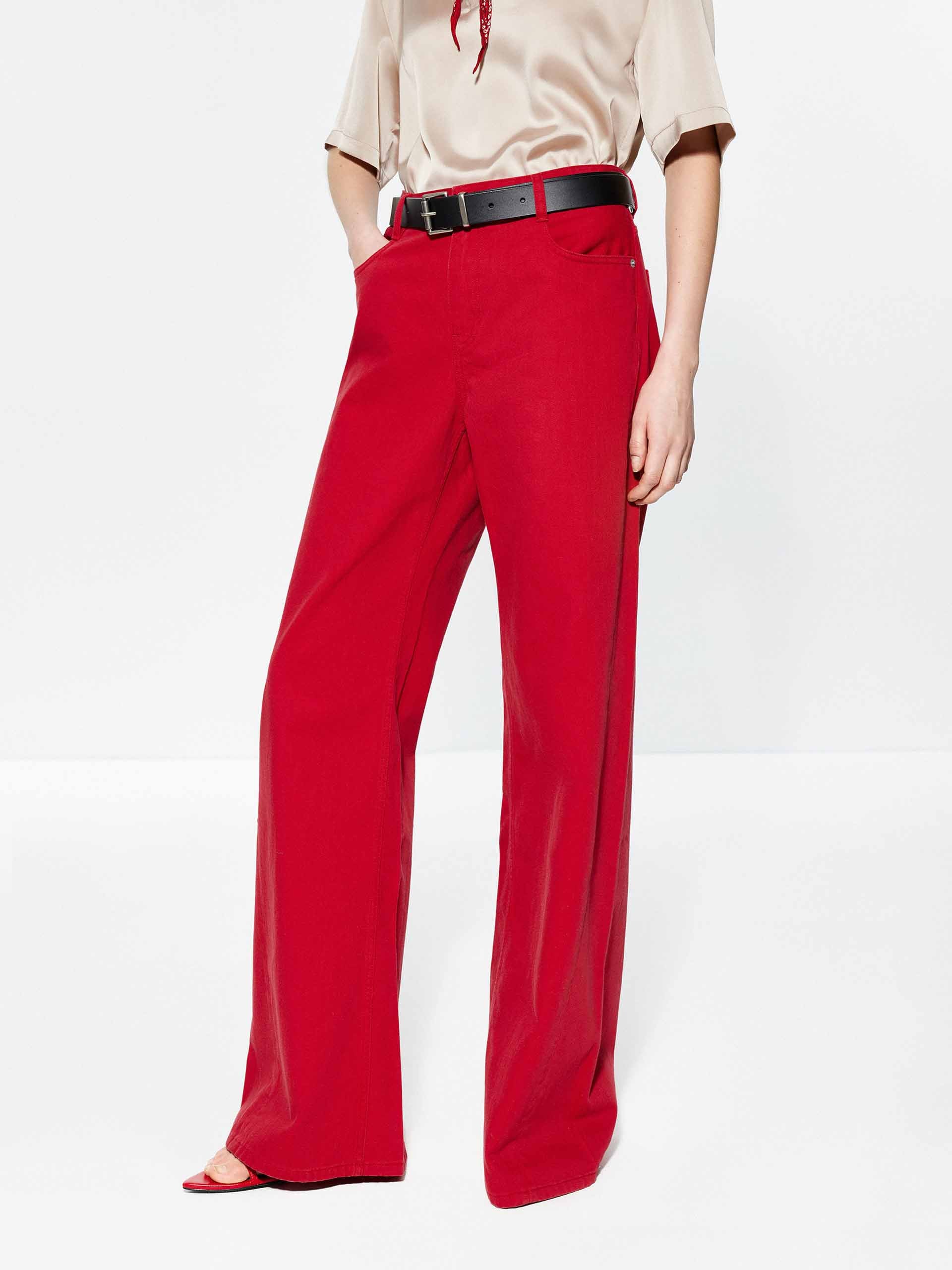 Red Wide Leg Cotton Jeans - Image 3