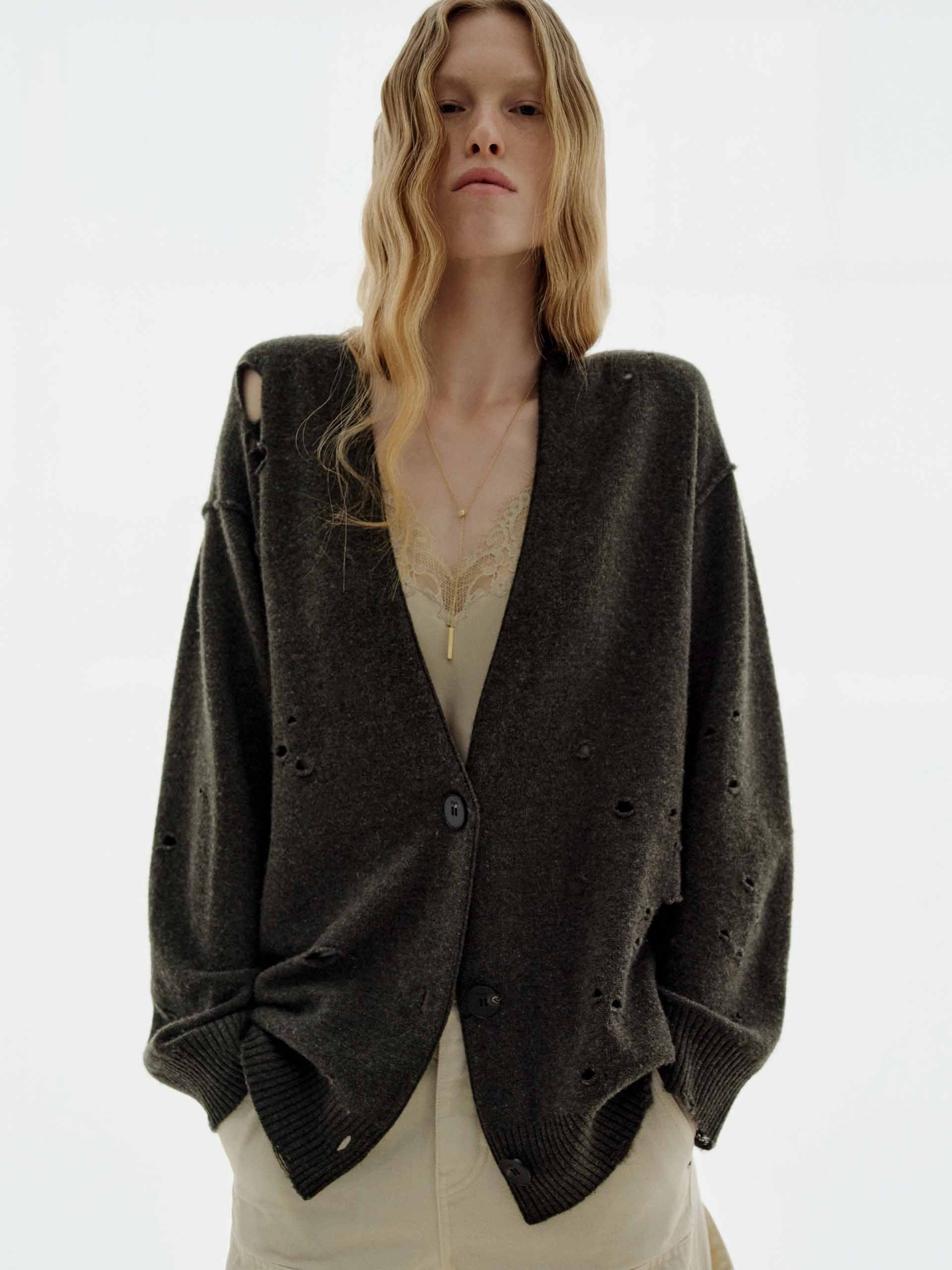 Ripped Detail Button Cardigan