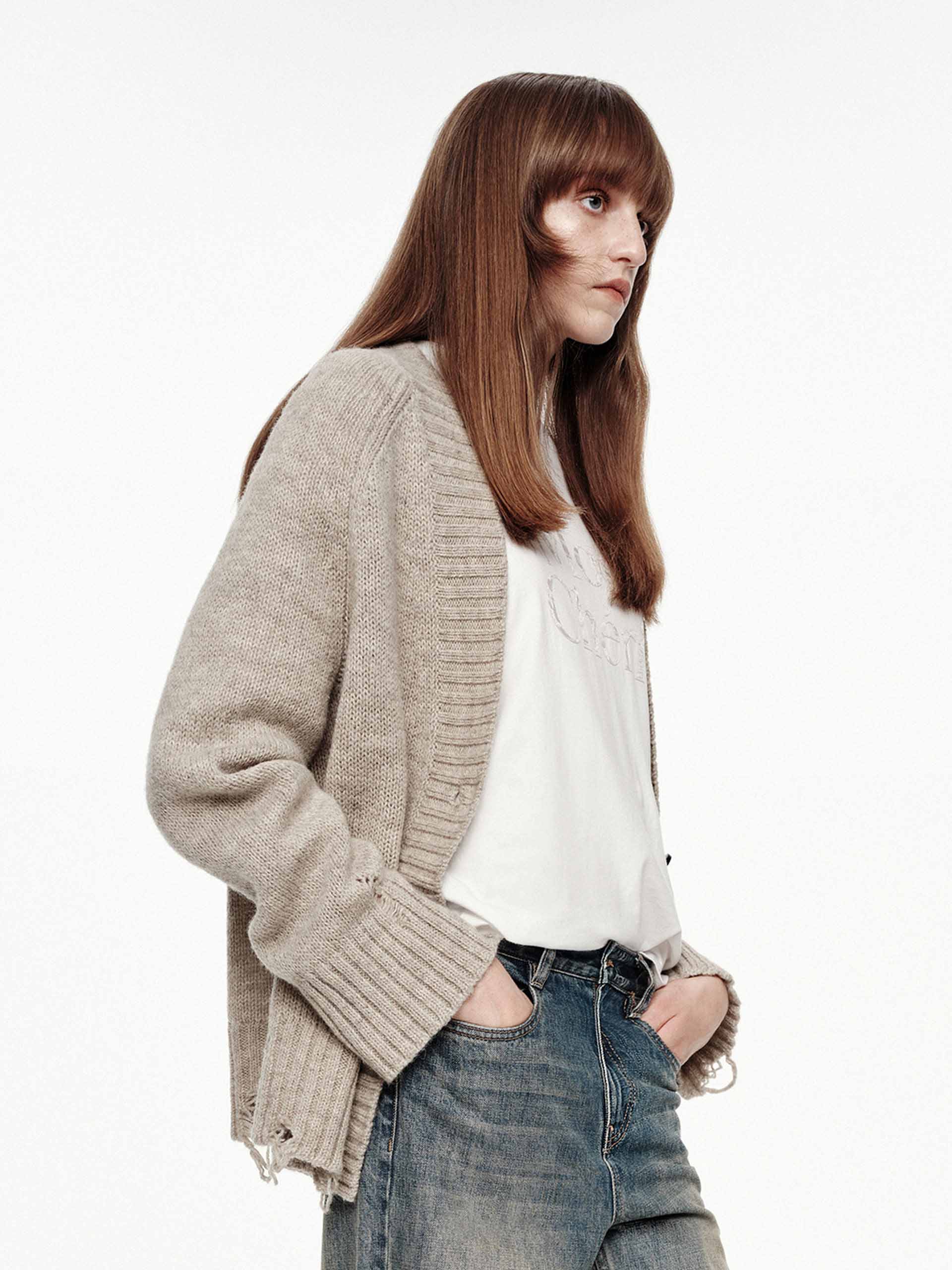 Ripped Detail Wool Cardigan - Image 3