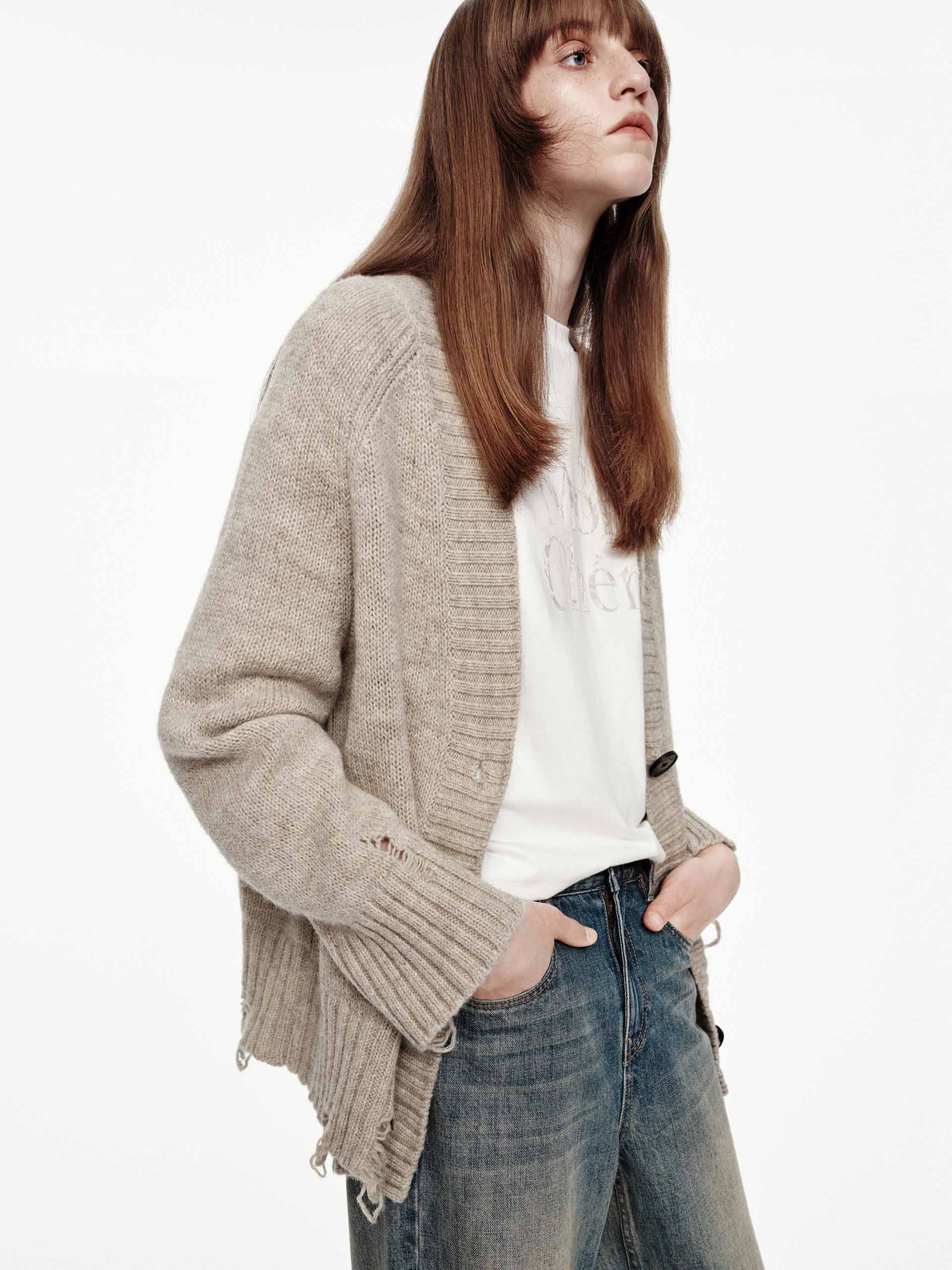 Ripped Detail Wool Cardigan - Image 6